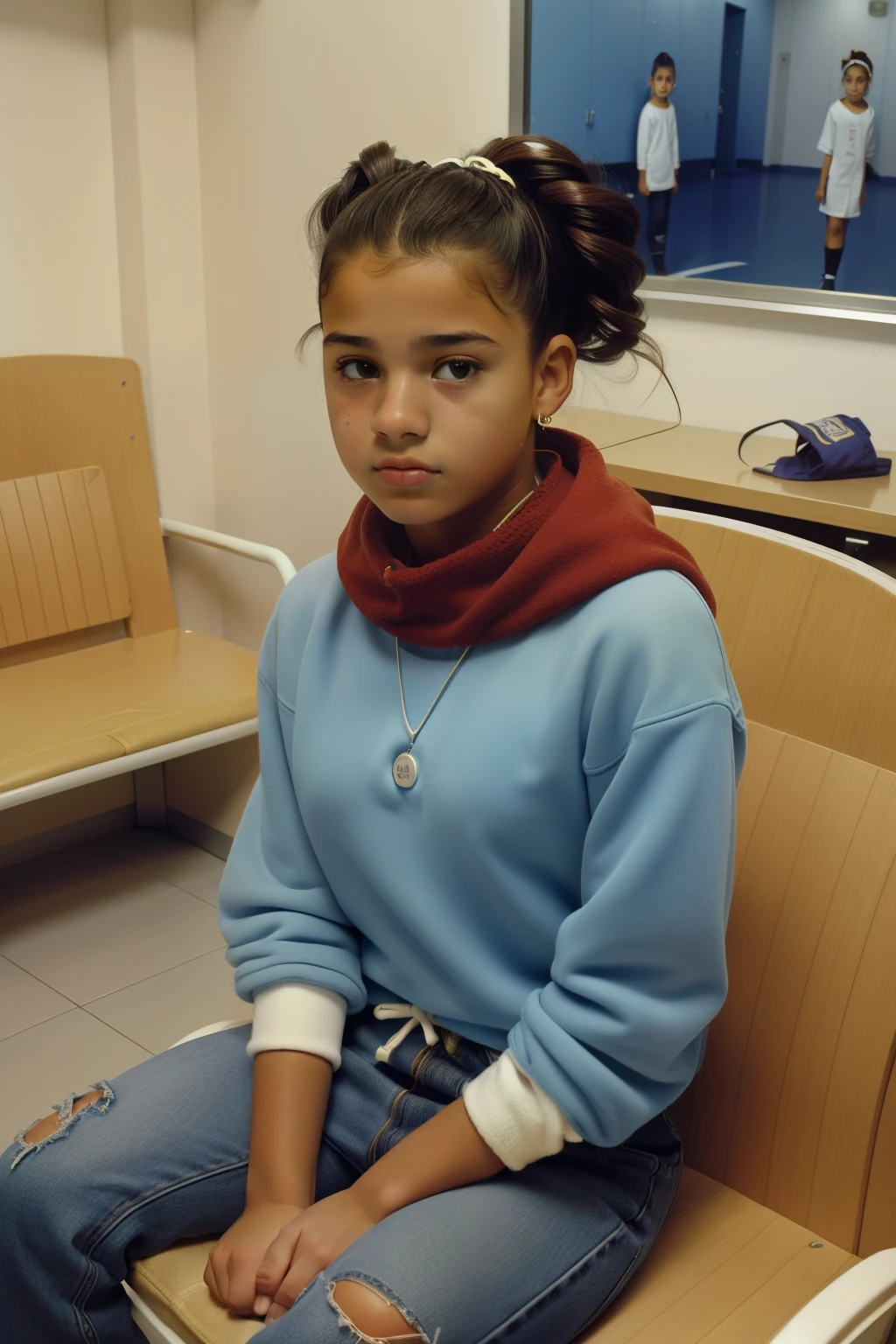 Huelva, Spain, 2002. ((((-yeld)) a)), mixed race, in a hospital waiting room, ((scared expression)). ((((teen winter clothings from the 2000s)))), ((hairstyle of the 2000s))