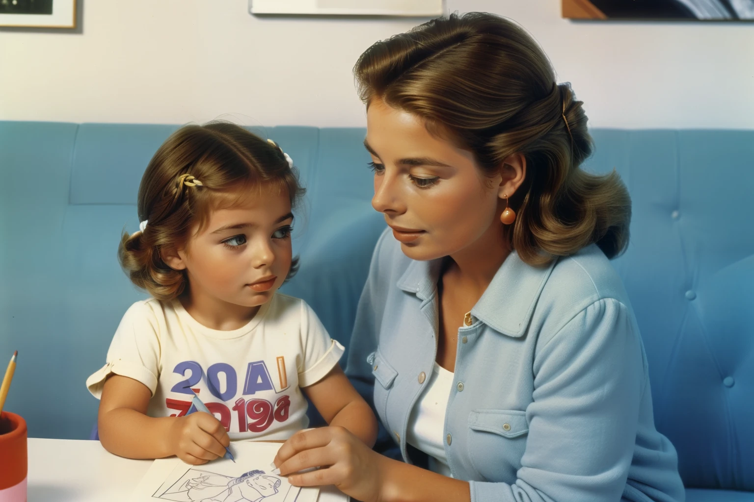 Madrid, Spain, 1982. A very young ((((20-year-old)) Ingrid Bergman)), very young mother, playing and drawing with a baby, ((happy)). ((((casual clothings from the 1980s)))), ((hairstyle of the 1980s))