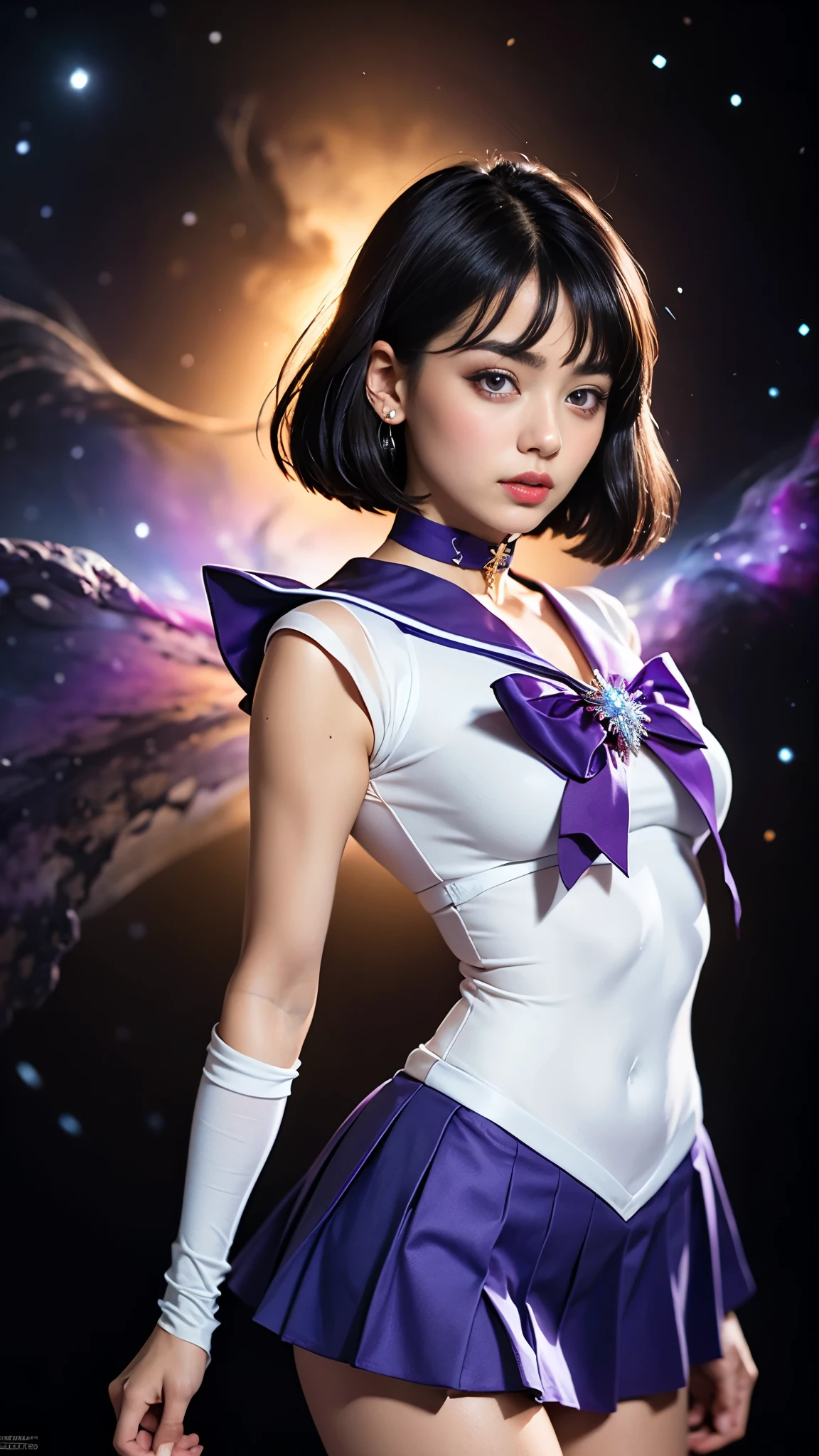 (masterpiece, best quality:1.4), (nebula background), (full body shot), (erotic pose:1.5), 1girl, solo, (european youth:1), sailor saturn, tiara, sailor senshi uniform, purple sailor collar, pleated skirt, elbow gloves, jewelry, brooch, choker, short black hair, (purple eyes:1.5), beautiful face, highly detailed face, highly detailed eyes, highly detailed skin, skin pores, subsurface scattering, realistic pupils, full face blush, full lips, detailed background, depth of field, volumetric lighting, sharp focus, absurdres, realistic proportions, good anatomy, (realistic, hyperrealistic:1.4), 16k hdr,