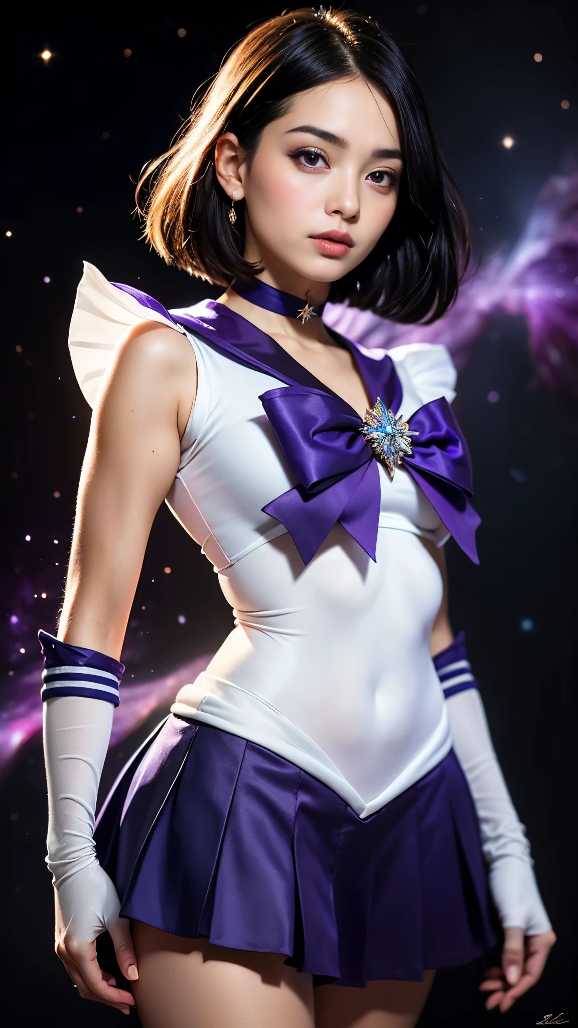 (masterpiece, best quality:1.4), (nebula background), (full body shot), (erotic pose:1.5), 1girl, solo, (european youth:1), sailor saturn, tiara, sailor senshi uniform, purple sailor collar, pleated skirt, elbow gloves, jewelry, brooch, choker, short black hair, (purple eyes:1.5), beautiful face, highly detailed face, highly detailed eyes, highly detailed skin, skin pores, subsurface scattering, realistic pupils, full face blush, full lips, detailed background, depth of field, volumetric lighting, sharp focus, absurdres, realistic proportions, good anatomy, (realistic, hyperrealistic:1.4), 16k hdr,