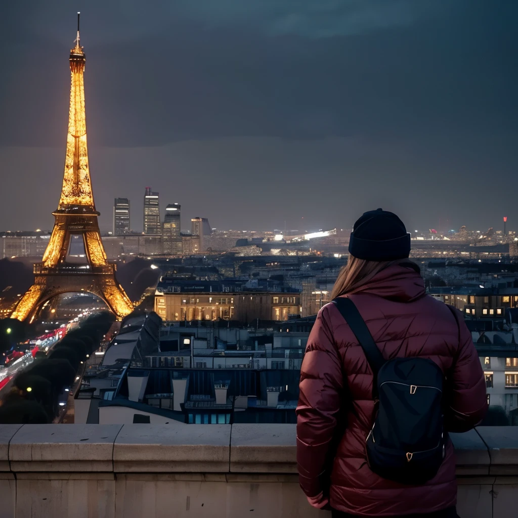 A person stands with their back facing the camera, gazing at the Eiffel Tower and the surrounding city during the twilight hours. The Eiffel Tower gleams against the evening sky, radiating light. City lights and the possibility of street lamps create a warm glow, illuminating the surroundings. The person in front wears a scarf, a striped sweater, and carries a bag. The buildings and structures of the city are visible but not clear due to the focus on the Eiffel Tower. (Photorealistic: 1.2), (Best quality, twilight scene, 8k, masterpiece, highly detailed), full body shot, 1 person, wearing scar