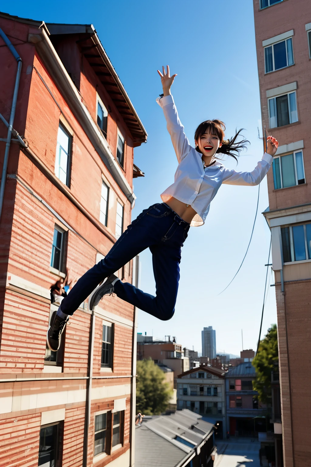 woman jumping from a building