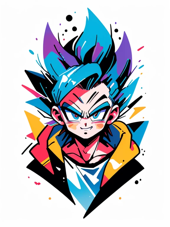 ((sticker-style illustration for T-shirt print with 1man, minimalism, Gogeta from dragon ball, akira toriyama style)), simple background, clean:0.9, lineart, vector, Smiling, happy, colors should be vibrant and vivid, with a harmonious color palette. UPPER BODY, fashion cloths, model,
