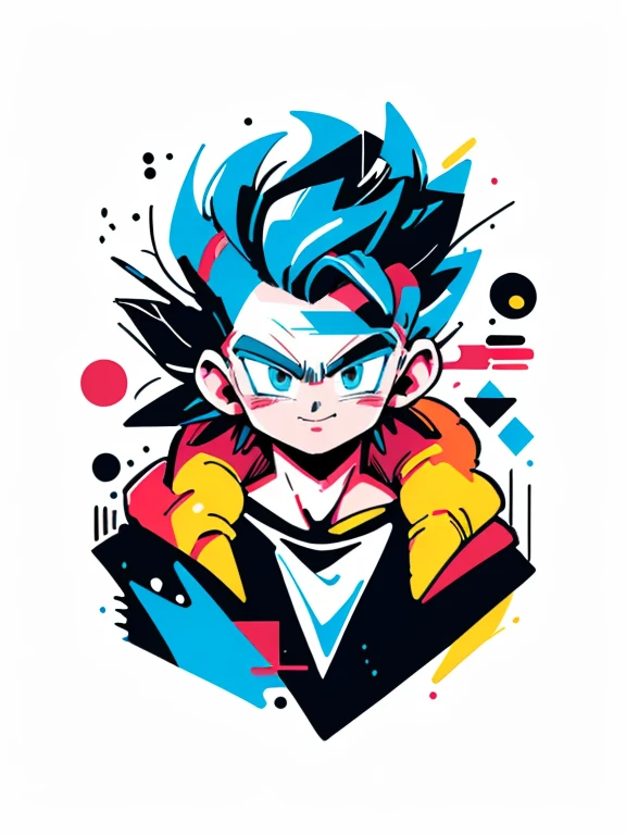 ((sticker-style illustration for T-shirt print with 1man, minimalism, Gogeta from dragon ball, akira toriyama style)), simple background, clean:0.9, lineart, vector, Smiling, happy, colors should be vibrant and vivid, with a harmonious color palette. UPPER BODY, fashion cloths, model,
