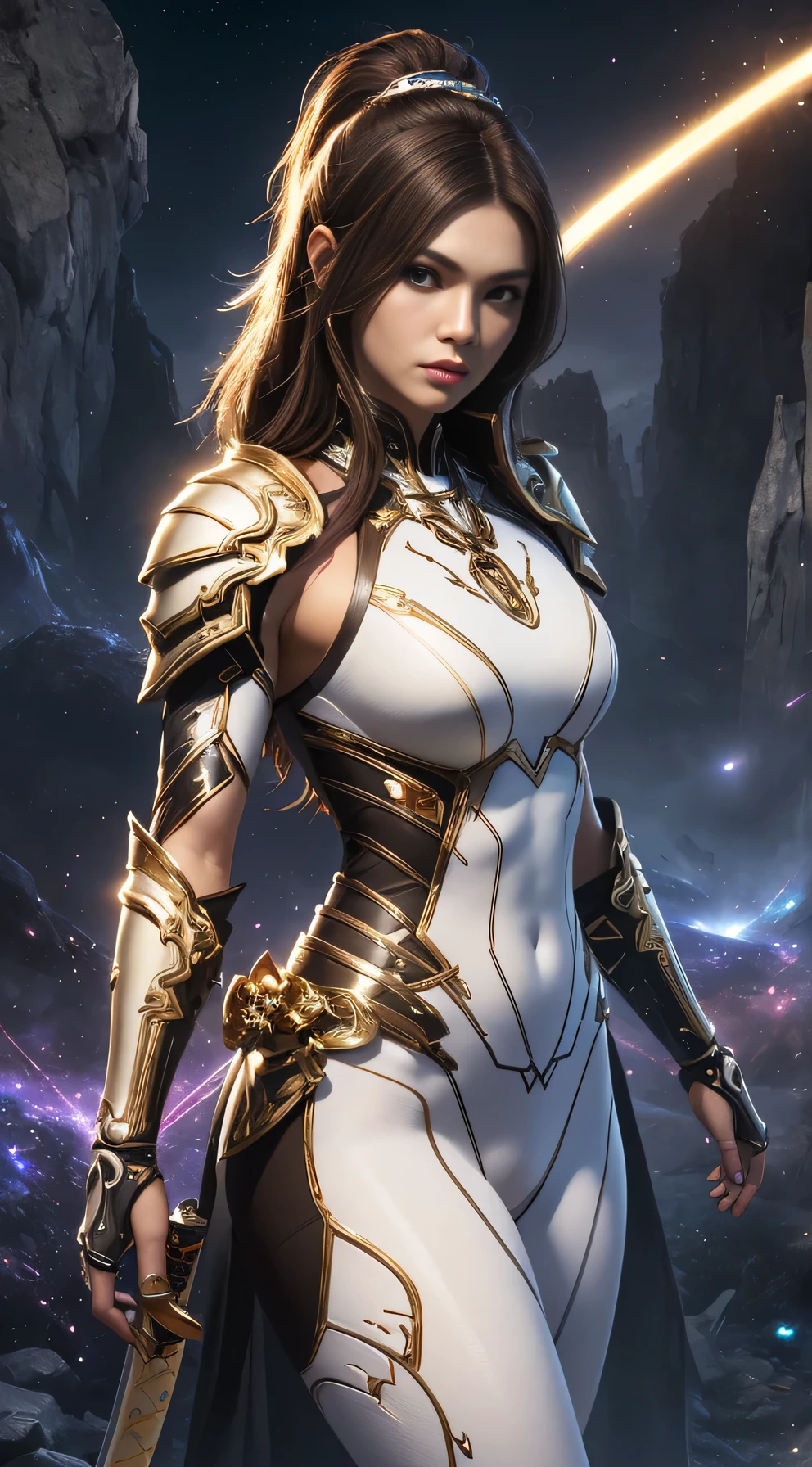 (((Masterpiece))), Ultra high quality, super detailed, 4K highly detailed digital art, Epic strong female warrior from the future, Fierce woman, white outfit, (Strong whole body pose), (stunning exotic beauty), Brazilian beauty, Very athletic, (muscular woman),((Wearing white biomechanical armor)), (Soft white clothes underneath the armor), Golden outlines on armor, armor shining, (white biomechanical armor), armor glimmering, neon lights on armor, Ultra athletic warrior woman from other galaxy, (white bodysuit armor), (skin tight bodysuit), white clothes (white armor), (muscular body), ((She has a katana)), she is glimmering and sparkles all around her, her beauty is out of this world, ultra beautiful, detailed face, Her mighty and all power is shining through her being, she is a warrior to defend the weak and empowering the feminine, Feminine empowerment, she is galaxy rider, Astronomical galaxy backround far far away from the earth where the mythological creatures live. She is hovering over the ground on a far away planet. Her strength is showing even the ground is shaking, HDR (High Dynamic Range), PBR Textures, Super Resolution, Multi-layer Textures