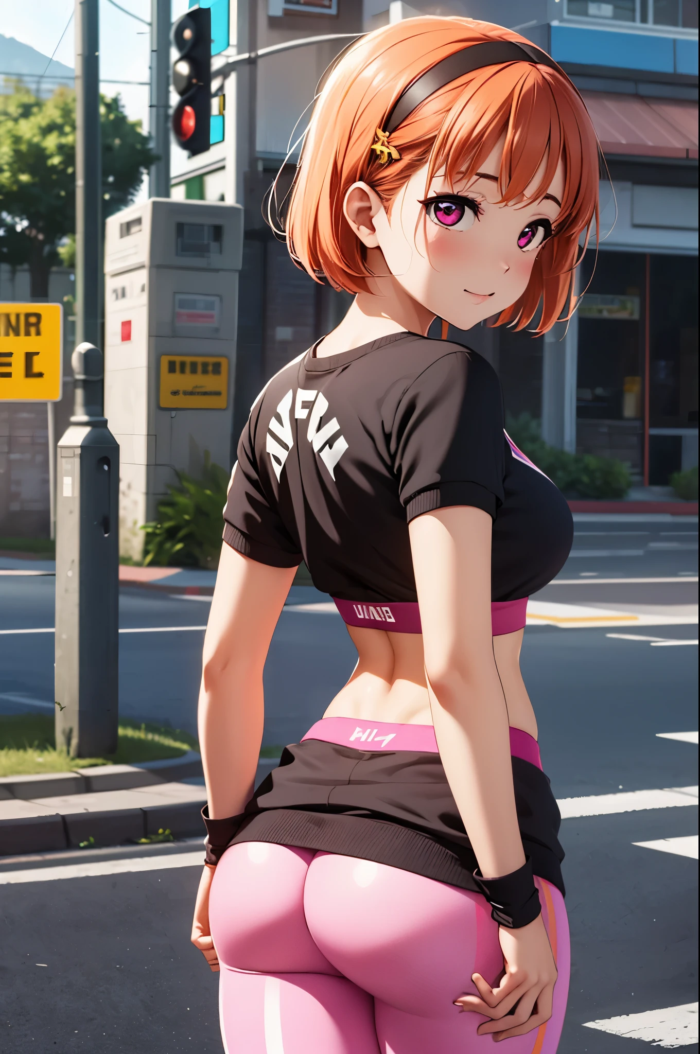 (best quality,4k,8k,highres,masterpiece:1.2), from behind,ultra-detailed,takami chika, looking back, pink eyes, red sweatshirt , midriff,yoga leggings, headband, long sleeves,black fingerless gloves,ass, standing ,cowboy shot, hair ornamen , short hair 