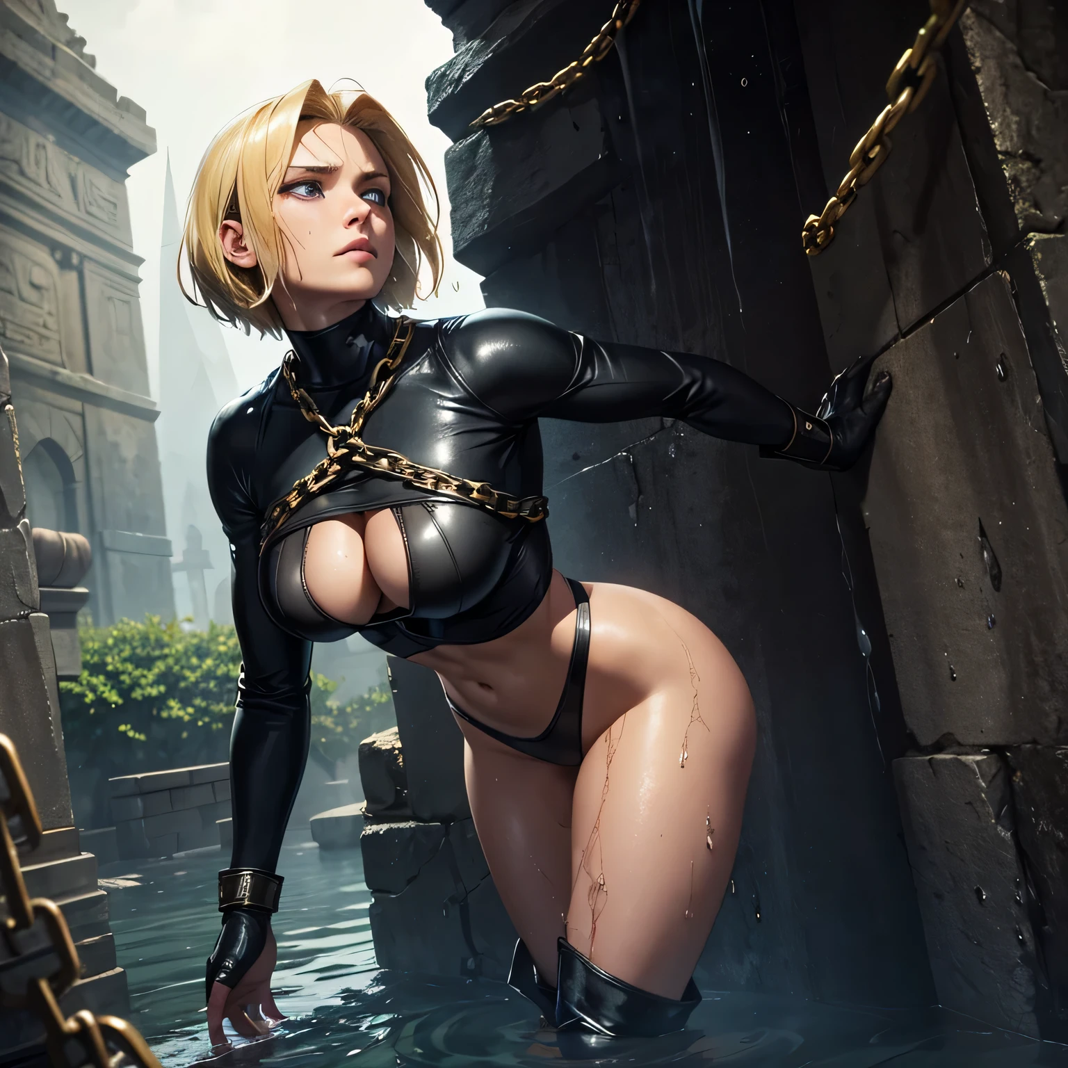 masterpiece, best quality, masterpiece, best quality, agrias, black sweater, black leotard with a midriff cutout, standing, looking at viewer, blonde short hair, superhero, boots, highleg, blue eyes, black gloves, , detailed face, muscular, She weak, she is chained to the roof, she is standing and chain, she being humiliated, big chest, she suffering in pain,(alone), detailed face, age 20, she is covered in water, water dripping everywhere, she is sleepy, ancient pyramid