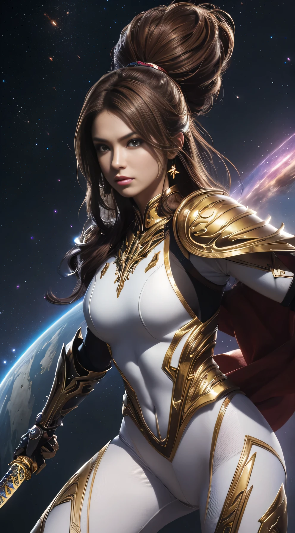 (((Masterpiece))), Ultra high quality, super detailed, 4K highly detailed digital art, Epic strong female warrior from the future, Fierce woman, white outfit, (Strong whole body pose), (stunning exotic beauty), Brazilian beauty, Very athletic, (muscular woman),((Wearing white biomechanical armor)), (Soft white clothes underneath the armor), Golden outlines on armor, armor shining, (white biomechanical armor), armor glimmering, neon lights on armor, Ultra athletic warrior woman from other galaxy, (white bodysuit armor), (skin tight bodysuit), white clothes (white armor), (muscular body), ((She has a katana)), she is glimmering and sparkles all around her, her beauty is out of this world, ultra beautiful, detailed face, Her mighty and all power is shining through her being, she is a warrior to defend the weak and empowering the feminine, Feminine empowerment, she is galaxy rider, Astronomical galaxy backround far far away from the earth where the mythological creatures live. She is hovering over the ground on a far away planet. Her strength is showing even the ground is shaking, HDR (High Dynamic Range), PBR Textures, Super Resolution, Multi-layer Textures