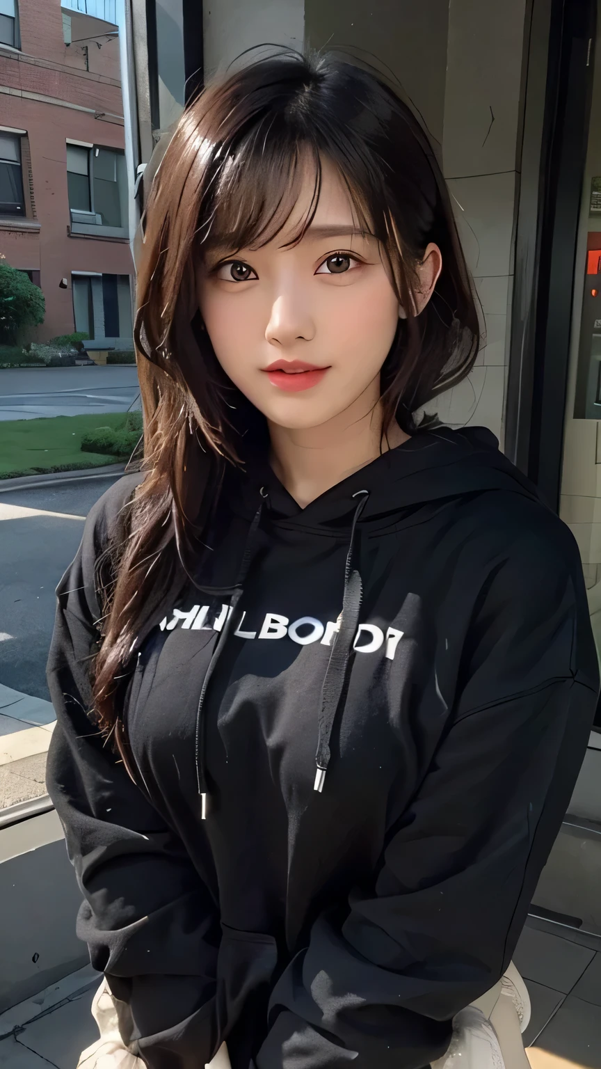 shortcut、black hoodie、sitting on a park bench