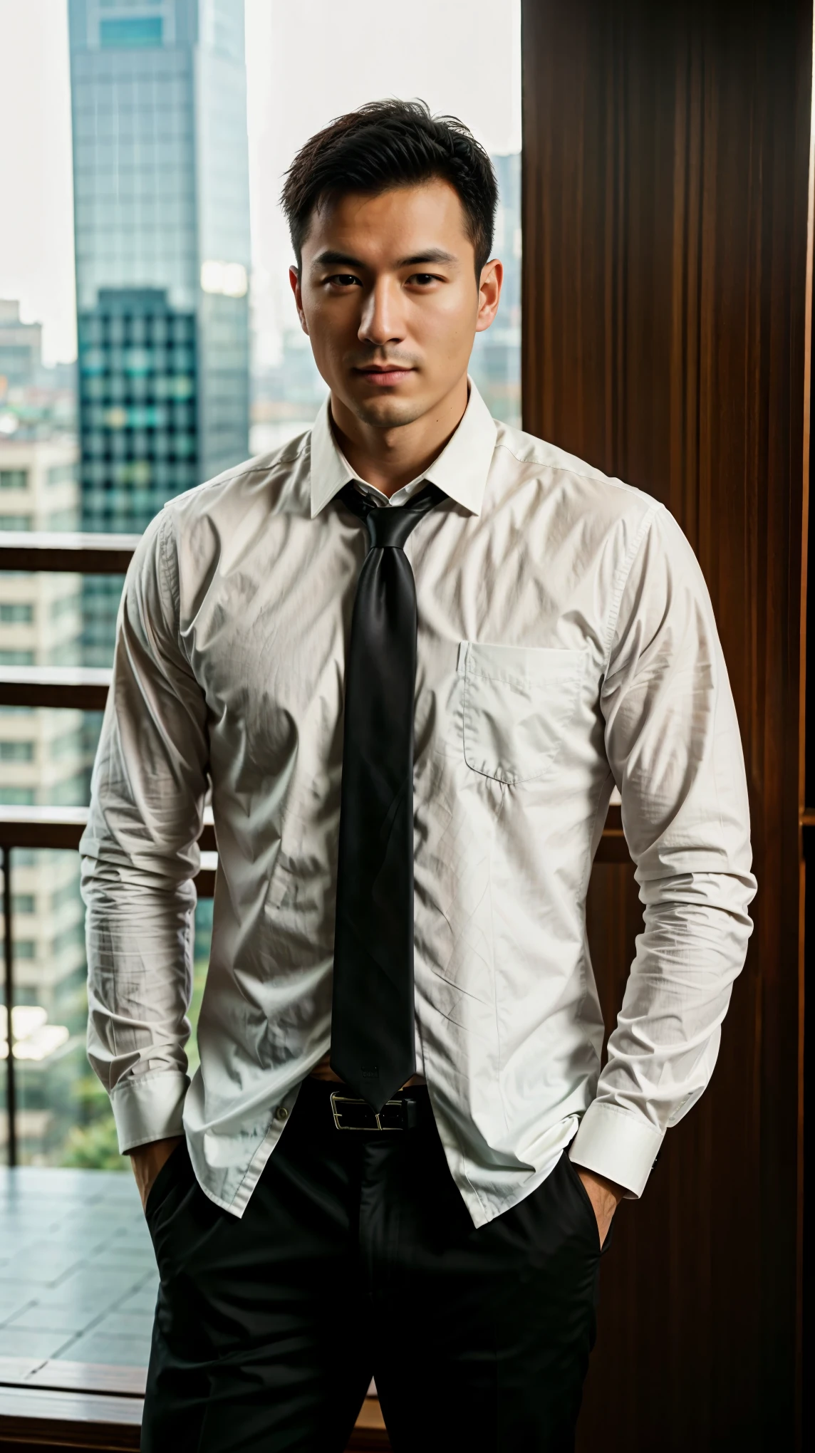 1人，A 30-year-old muscular man，Wear a long-sleeved white shirt and tie，In black suit，chest muscle，full bodyesbian，leather shoes，gentlesoftlighting，tmasterpiece，best qualtiy，8K  UHD，digital SLR camera，filmgrain，Midjourney and greg rutkowski's Fujifilm XT3 realistic painting art