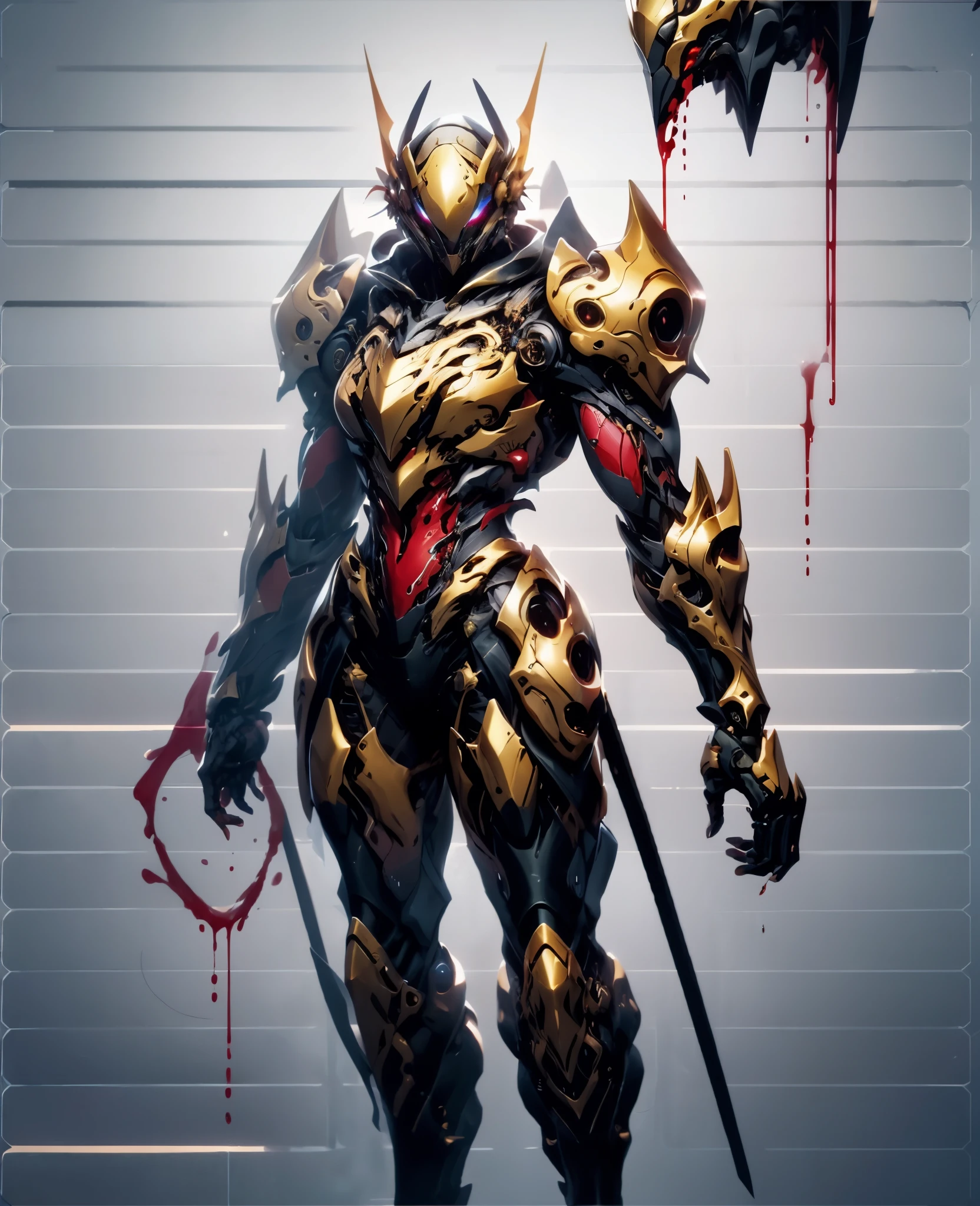 A woman adorned in fantasy-style full-body armor, a crown-concept fully enclosed helmet that unveils only her eyes, a composite layered chest plate, fully encompassing shoulder and hand guards, a lightweight waist armor, form-fitting shin guards, the overall design is heavy-duty yet flexible, the armor gleams with a golden glow, complemented by red and blue accents, exhibiting a noble aura, she floats above a fantasy-surreal high-tech city, this character embodies a finely crafted fantasy-surreal style armored hero in anime style, exquisite and mature manga art style, Queen Bee Concept Armor, (plasma, blood), ((bio mecha, long legs, elegant, goddess, femminine:1.5)), metallic, high definition, best quality, highres, ultra-detailed, ultra-fine painting, extremely delicate, professional, anatomically correct, symmetrical face, extremely detailed eyes and face, high quality eyes, creativity, RAW photo, UHD, 32k, Natural light, cinematic lighting, masterpiece-anatomy-perfect, masterpiece:1.5