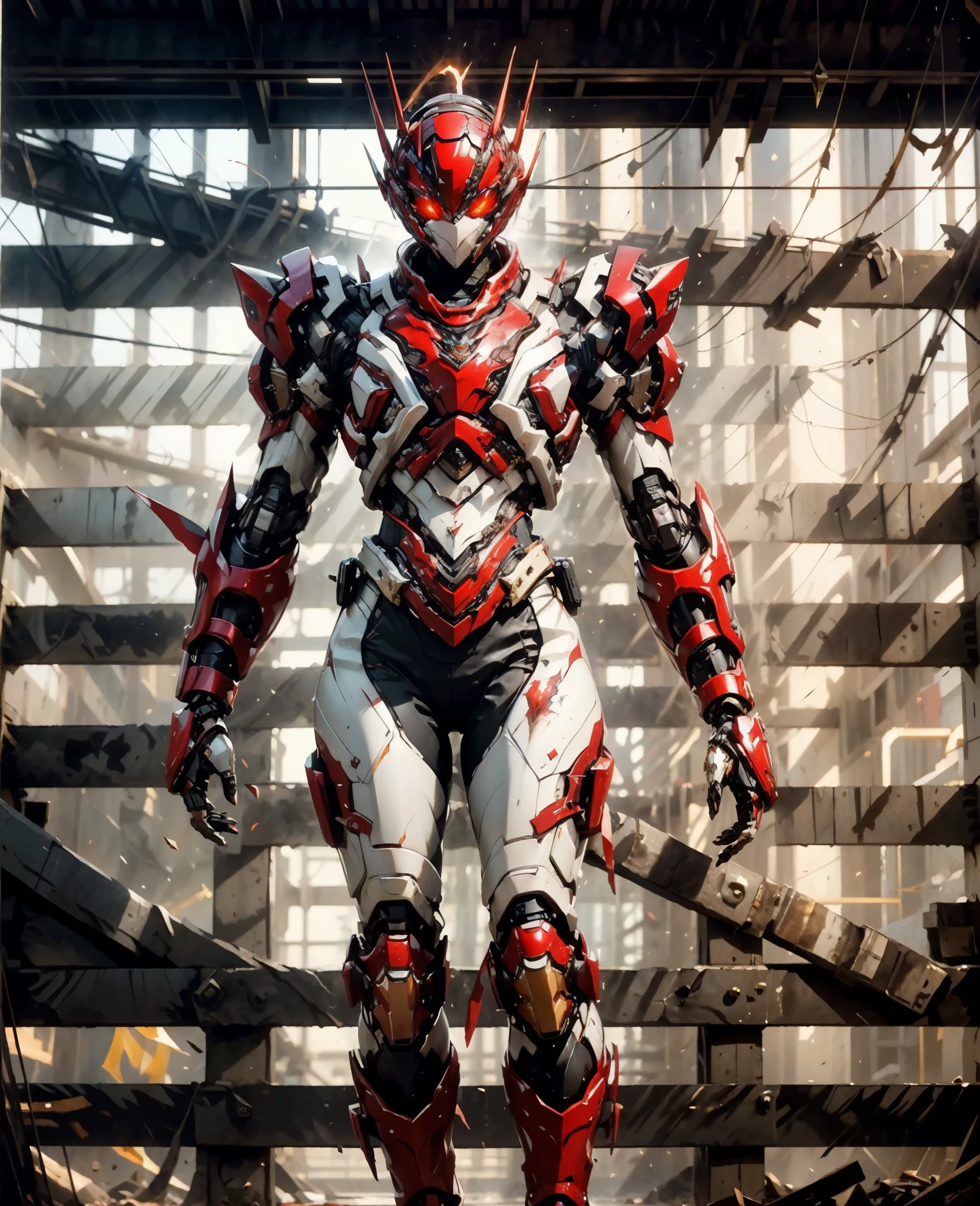 A woman adorned in fantasy-style full-body armor, a crown-concept fully enclosed helmet that unveils only her eyes, a composite layered chest plate, fully encompassing shoulder and hand guards, a lightweight waist armor, form-fitting shin guards, the overall design is heavy-duty yet flexible, the armor gleams with a golden glow, complemented by red and blue accents, exhibiting a noble aura, she floats above a fantasy-surreal high-tech city, this character embodies a finely crafted fantasy-surreal style armored hero in anime style, exquisite and mature manga art style, Queen Bee Concept Armor, (plasma, blood), ((bio mecha, long legs, elegant, goddess, femminine:1.5)), metallic, high definition, best quality, highres, ultra-detailed, ultra-fine painting, extremely delicate, professional, anatomically correct, symmetrical face, extremely detailed eyes and face, high quality eyes, creativity, RAW photo, UHD, 32k, Natural light, cinematic lighting, masterpiece-anatomy-perfect, masterpiece:1.5