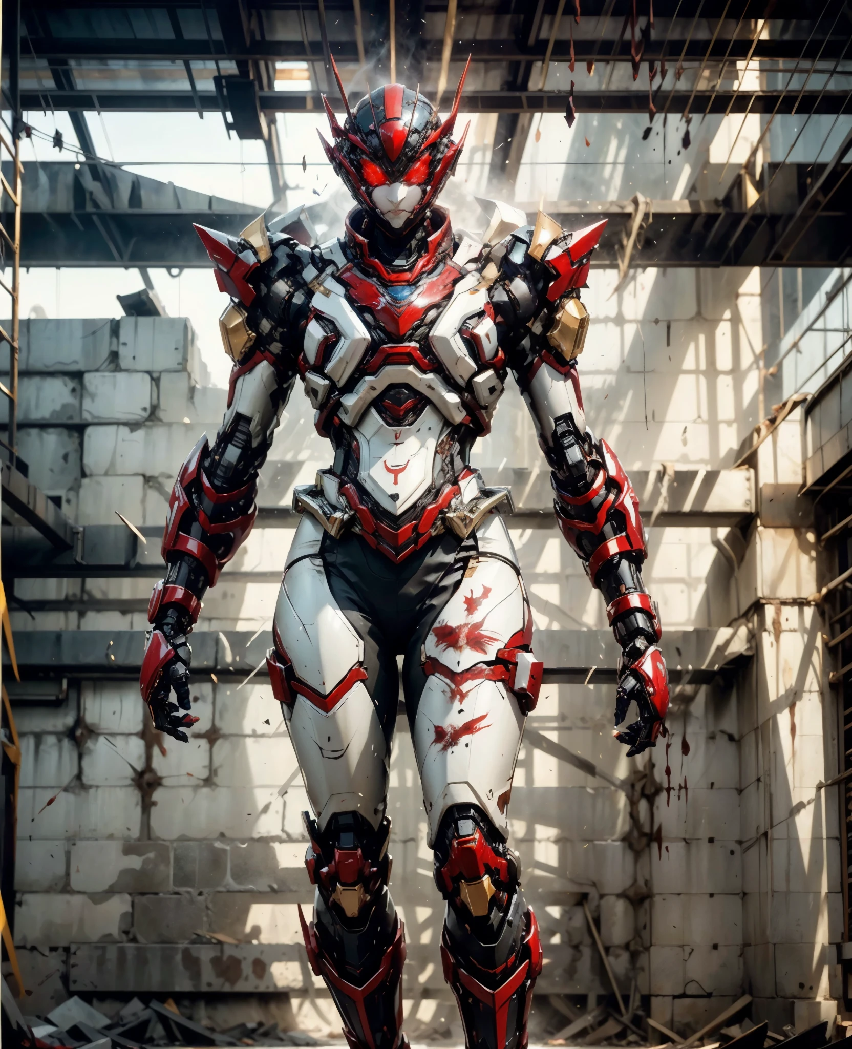 A woman adorned in fantasy-style full-body armor, a crown-concept fully enclosed helmet that unveils only her eyes, a composite layered chest plate, fully encompassing shoulder and hand guards, a lightweight waist armor, form-fitting shin guards, the overall design is heavy-duty yet flexible, the armor gleams with a golden glow, complemented by red and blue accents, exhibiting a noble aura, she floats above a fantasy-surreal high-tech city, this character embodies a finely crafted fantasy-surreal style armored hero in anime style, exquisite and mature manga art style, Queen Bee Concept Armor, (plasma, blood), ((bio mecha, long legs, elegant, goddess, femminine:1.5)), metallic, high definition, best quality, highres, ultra-detailed, ultra-fine painting, extremely delicate, professional, anatomically correct, symmetrical face, extremely detailed eyes and face, high quality eyes, creativity, RAW photo, UHD, 32k, Natural light, cinematic lighting, masterpiece-anatomy-perfect, masterpiece:1.5