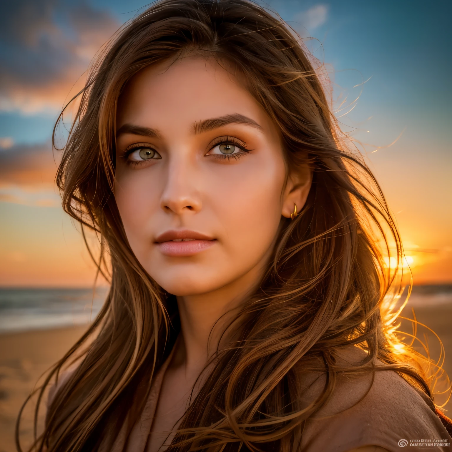 best quality, highres, ultra-detailed, realistic, professional, vivid colors, sunset, portrait, dune background, detailed eyes and lips, beautiful facial features, flowing hair, warm color tones, soft lighting, sand texture, dramatic silhouette, serene atmosphere