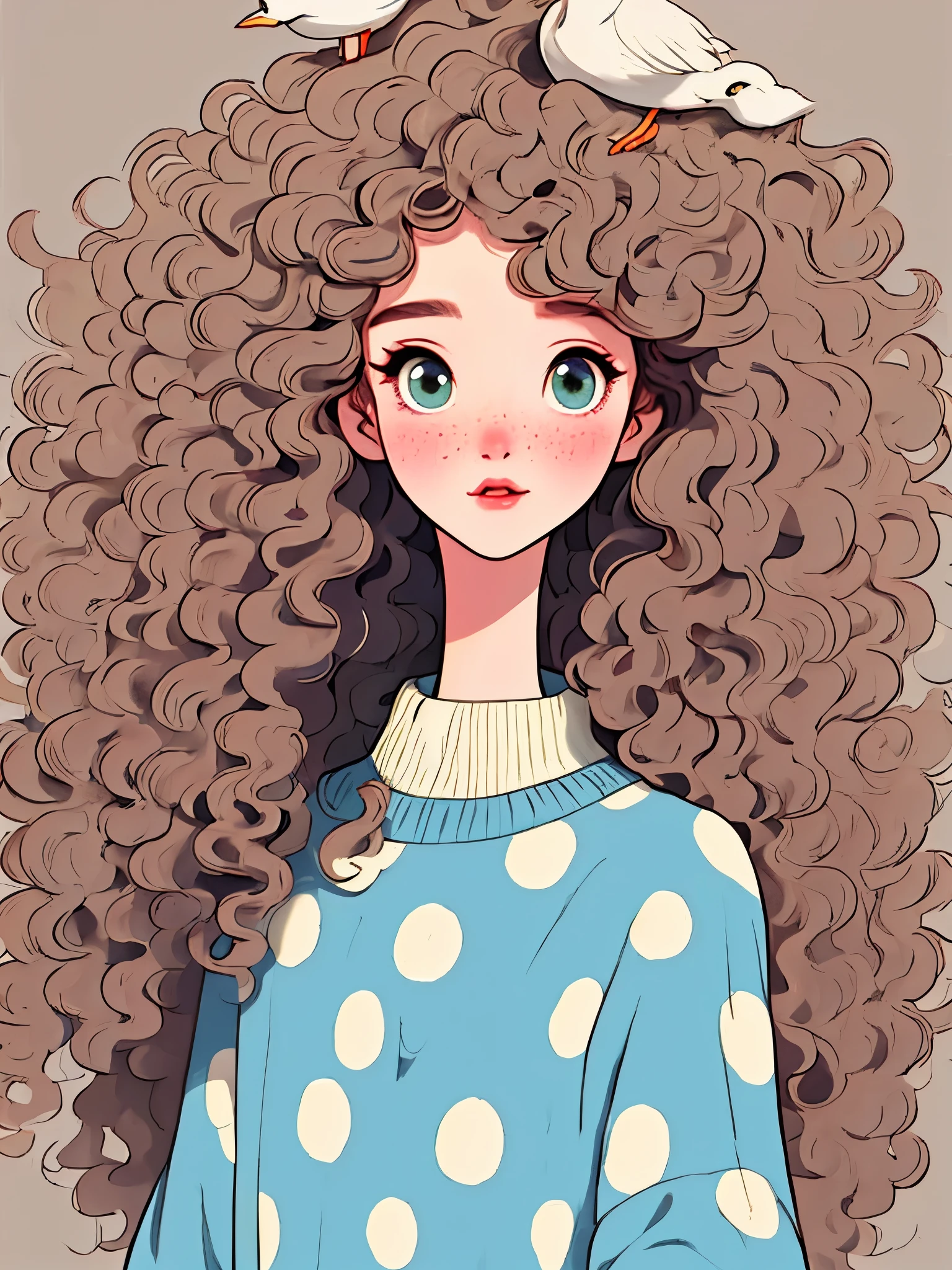 (best quality,4K,8k,high resolution,masterpiece:1.2),Super detailed,(actual,photoactual,photo-actual:1.37),Unique style,Lovely girl sitting,long neck,Big head,Exaggerated hair,fluffy hair,small freckles,exaggerated expression,Surrealism,Duck egg green polka dot sweater,detail,horsehair,fluffy,sock,clean background,hand drawn style,pencil drawing,Lovely,smooth lines,Clean silhouette,clean composition