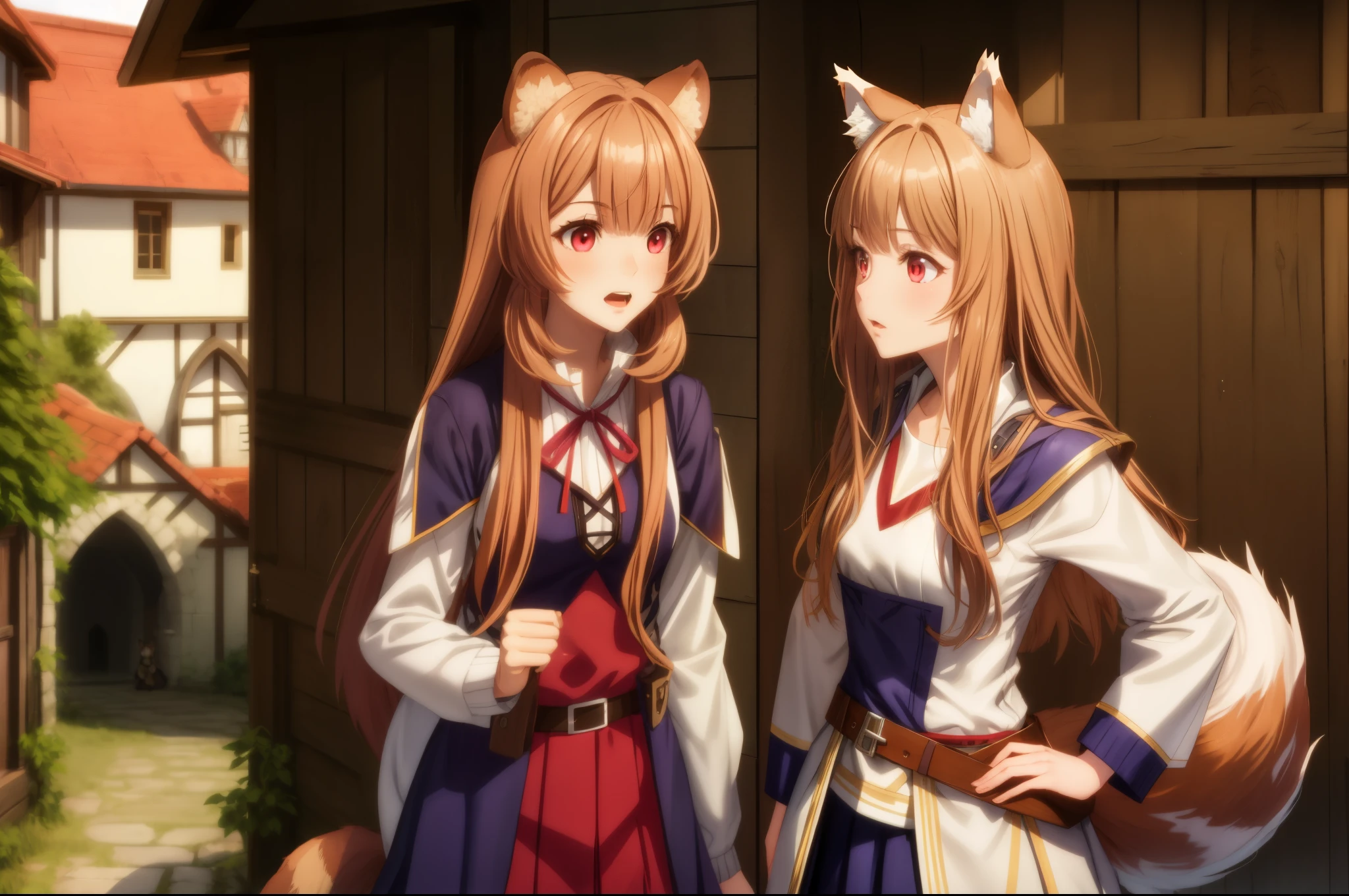 masterpiece, high quality, best quality, 2girls, raccoon girl, raccoon tail, raccoon ears, pink eyes, brown hair, long hair, bangs, collar, red ribbbon, white and blue and red outfit, skirt, belt, wolf girl, red eyes, wolf ears, wolf tail, wooden wall on background, medieval architecture, windows, roof, foliage, arch