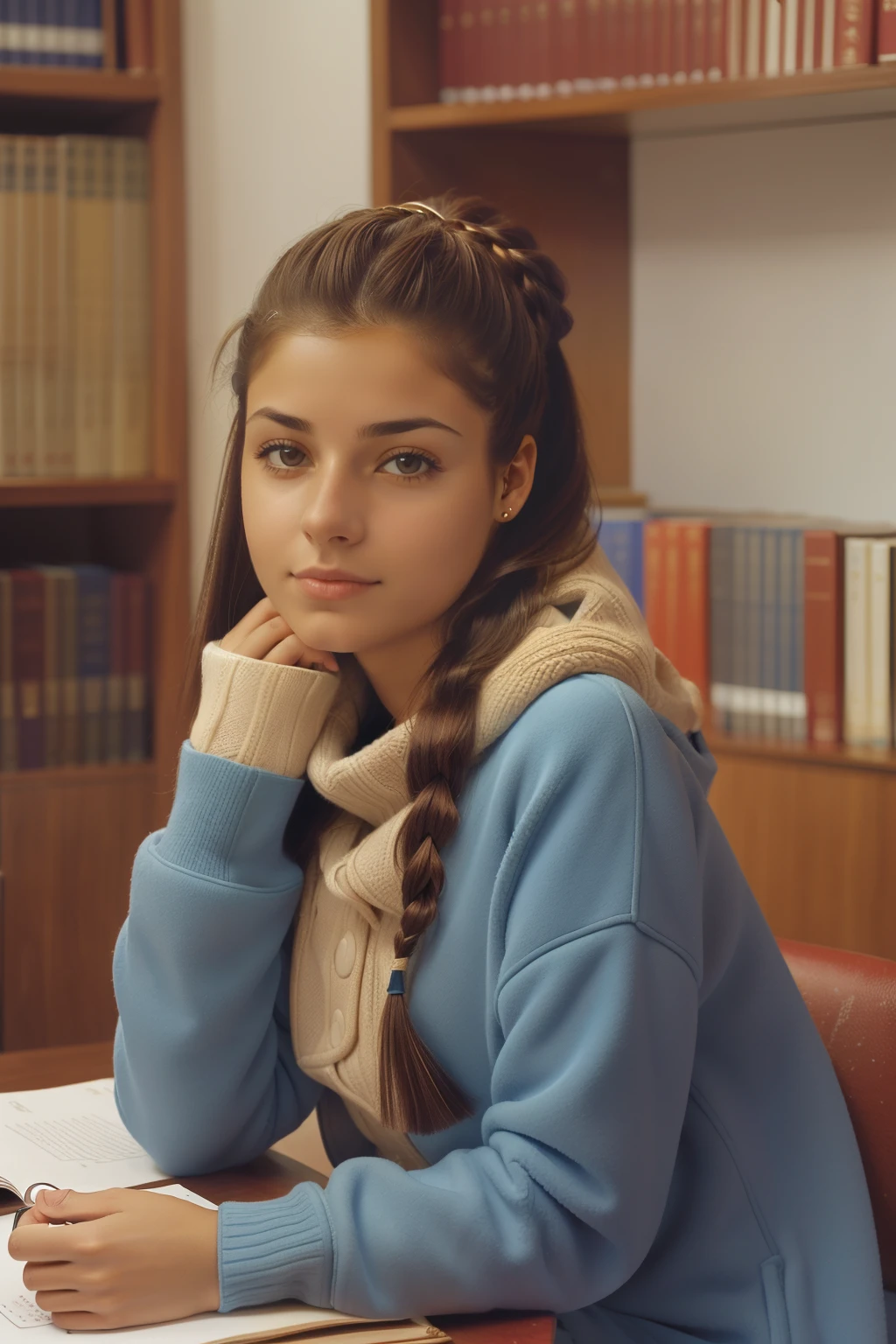 Huelva, Spain, 2002. ((((20-year-old)) Inés)), piercing light eyes, studying in a university library. ((((casual winter clothings from the 2000s)))), ((hairstyle of the 2000s))