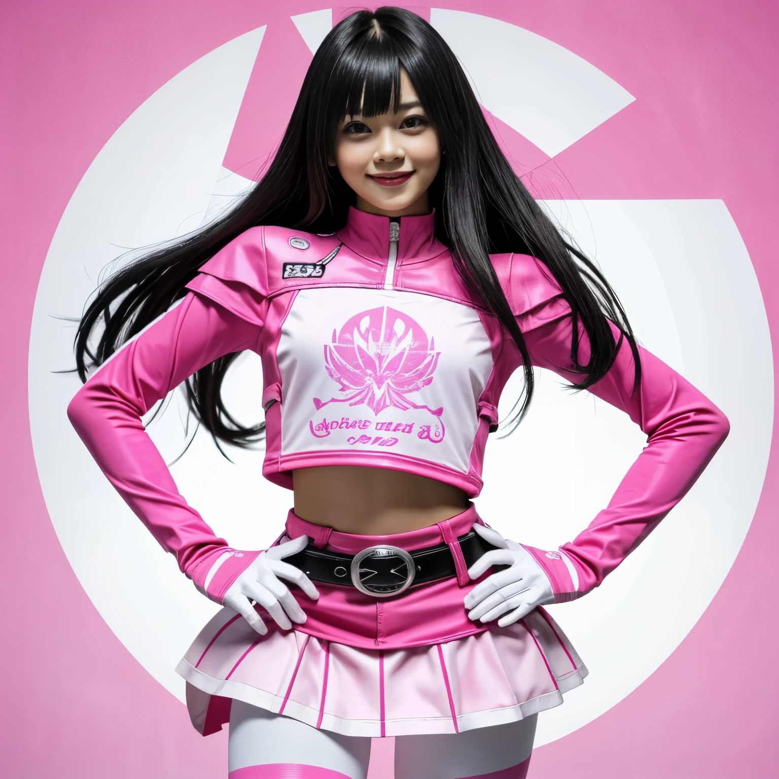 1 cute girl, (long dark hair with cute fringe),(PinkRanger), (solo) (tight magenta bodysuit), (mini skirt), pink leggings, white belt, white gloves with pink diamond design, (white boots with pink diamond design), (18yo), (small breasts), smiling at the viewer,( sunny tokyo background:1.2), vibrant colors