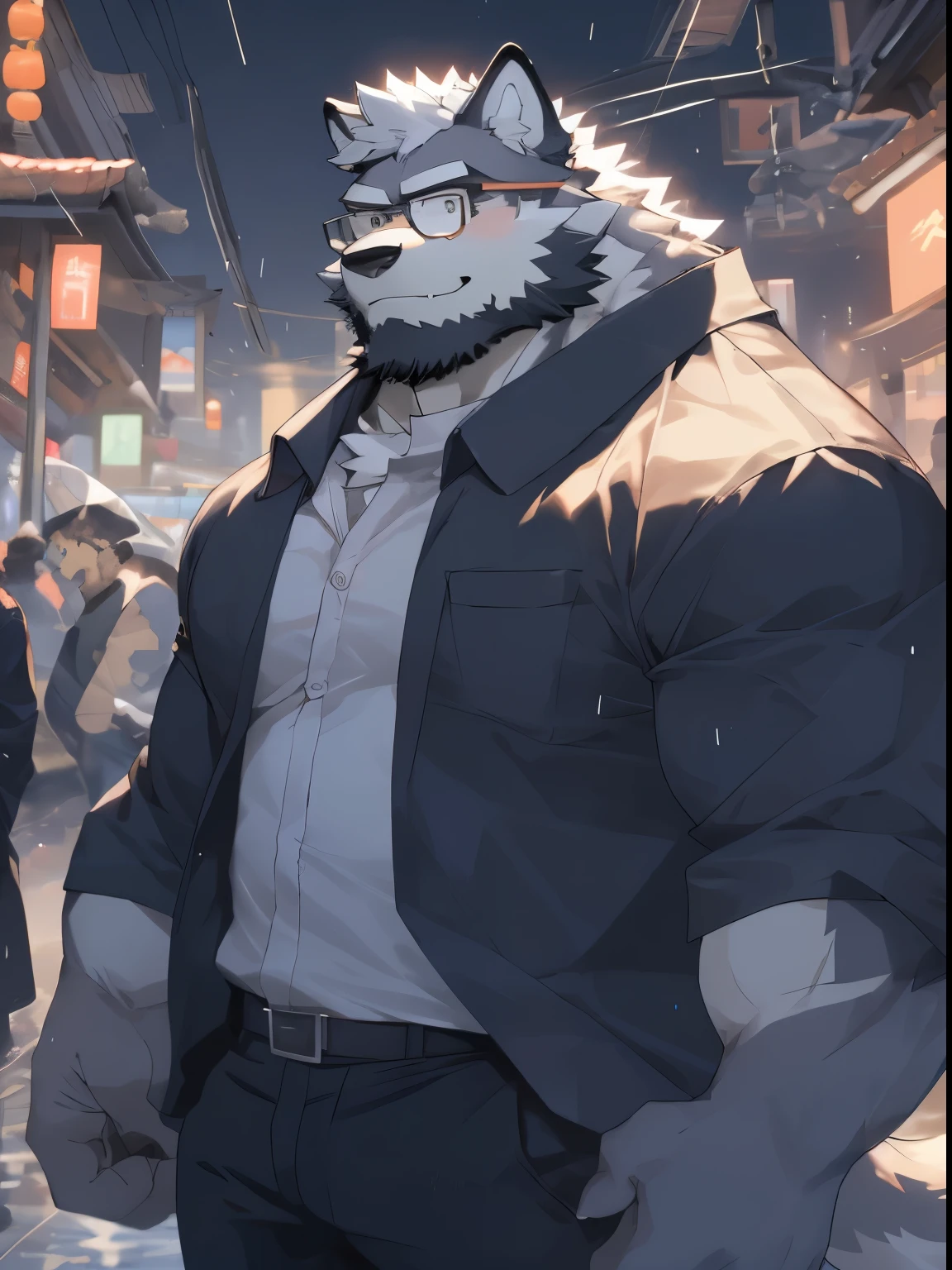 hairy，（Wolf，Black-rimmed glasses，White long-sleeved shirt，rolled up sleeves），beard，white fur，male，Common，full-body shot， dynamic poses，Smile，rainy day，night，dark night，window，fireworks，firecracker，Spring Festival，Detailed background，极其lifelike阴影，masterpiece，Very detailed，lifelike