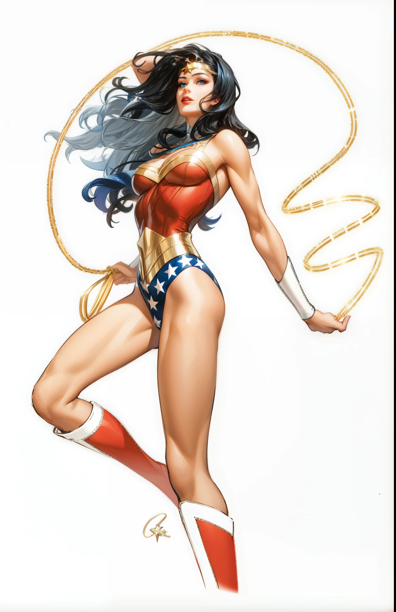 black hair, long hair, blue eyes, tiara, leotard, jewelry, star \(symbol\), bare shoulders, cleavage, makeup, superhero