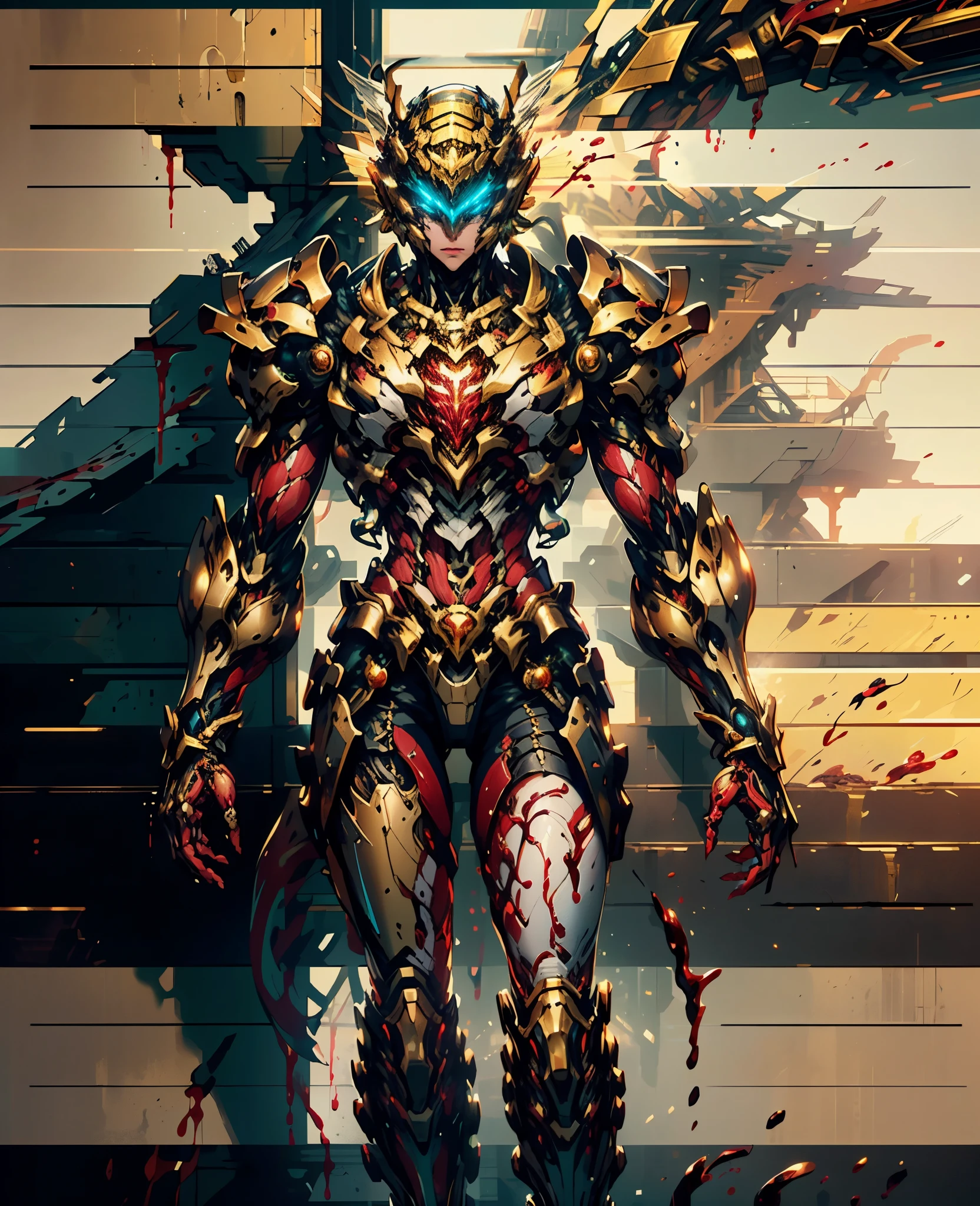 A woman adorned in fantasy-style full-body armor, a crown-concept fully enclosed helmet that unveils only her eyes, a composite layered chest plate, fully encompassing shoulder and hand guards, a lightweight waist armor, form-fitting shin guards, the overall design is heavy-duty yet flexible, the armor gleams with a golden glow, complemented by red and blue accents, exhibiting a noble aura, she floats above a fantasy-surreal high-tech city, this character embodies a finely crafted fantasy-surreal style armored hero in anime style, exquisite and mature manga art style, Queen Bee Concept Armor, (plasma, blood), ((bio mecha, long legs, elegant, goddess, femminine:1.5)), metallic, high definition, best quality, highres, ultra-detailed, ultra-fine painting, extremely delicate, professional, anatomically correct, symmetrical face, extremely detailed eyes and face, high quality eyes, creativity, RAW photo, UHD, 32k, Natural light, cinematic lighting, masterpiece-anatomy-perfect, masterpiece:1.5