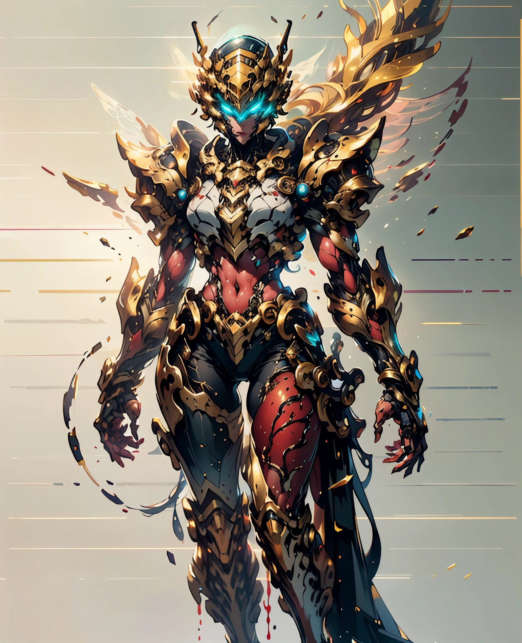 A woman adorned in fantasy-style full-body armor, a crown-concept fully enclosed helmet that unveils only her eyes, a composite layered chest plate, fully encompassing shoulder and hand guards, a lightweight waist armor, form-fitting shin guards, the overall design is heavy-duty yet flexible, the armor gleams with a golden glow, complemented by red and blue accents, exhibiting a noble aura, she floats above a fantasy-surreal high-tech city, this character embodies a finely crafted fantasy-surreal style armored hero in anime style, exquisite and mature manga art style, Queen Bee Concept Armor, (plasma, blood), ((bio mecha, long legs, elegant, goddess, femminine:1.5)), metallic, high definition, best quality, highres, ultra-detailed, ultra-fine painting, extremely delicate, professional, anatomically correct, symmetrical face, extremely detailed eyes and face, high quality eyes, creativity, RAW photo, UHD, 32k, Natural light, cinematic lighting, masterpiece-anatomy-perfect, masterpiece:1.5