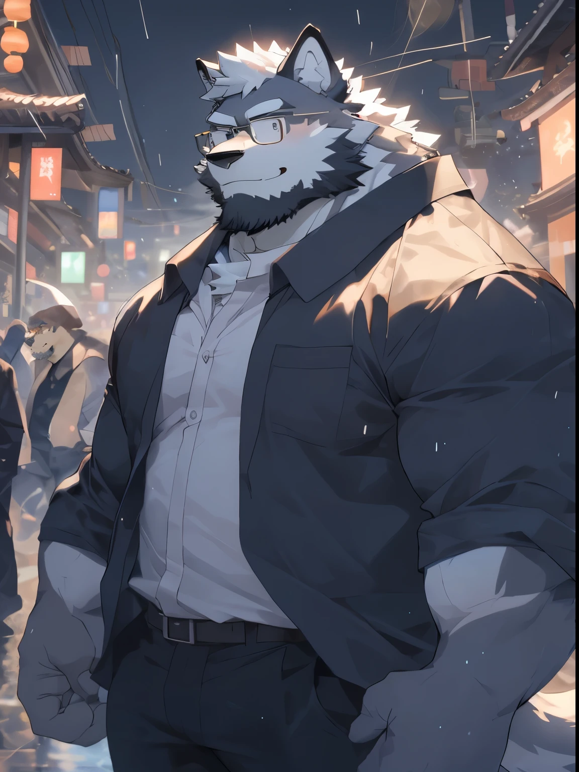 hairy,(Wolf,Black-rimmed glasses,White long-sleeved shirt,rolled up sleeves),beard,white fur,male,Common,full-body shot, dynamic poses,Smile,rainy day,night,dark night,window,fireworks,firecracker,Spring Festival,Detailed background,极其lifelike阴影,masterpiece,Very detailed,lifelike