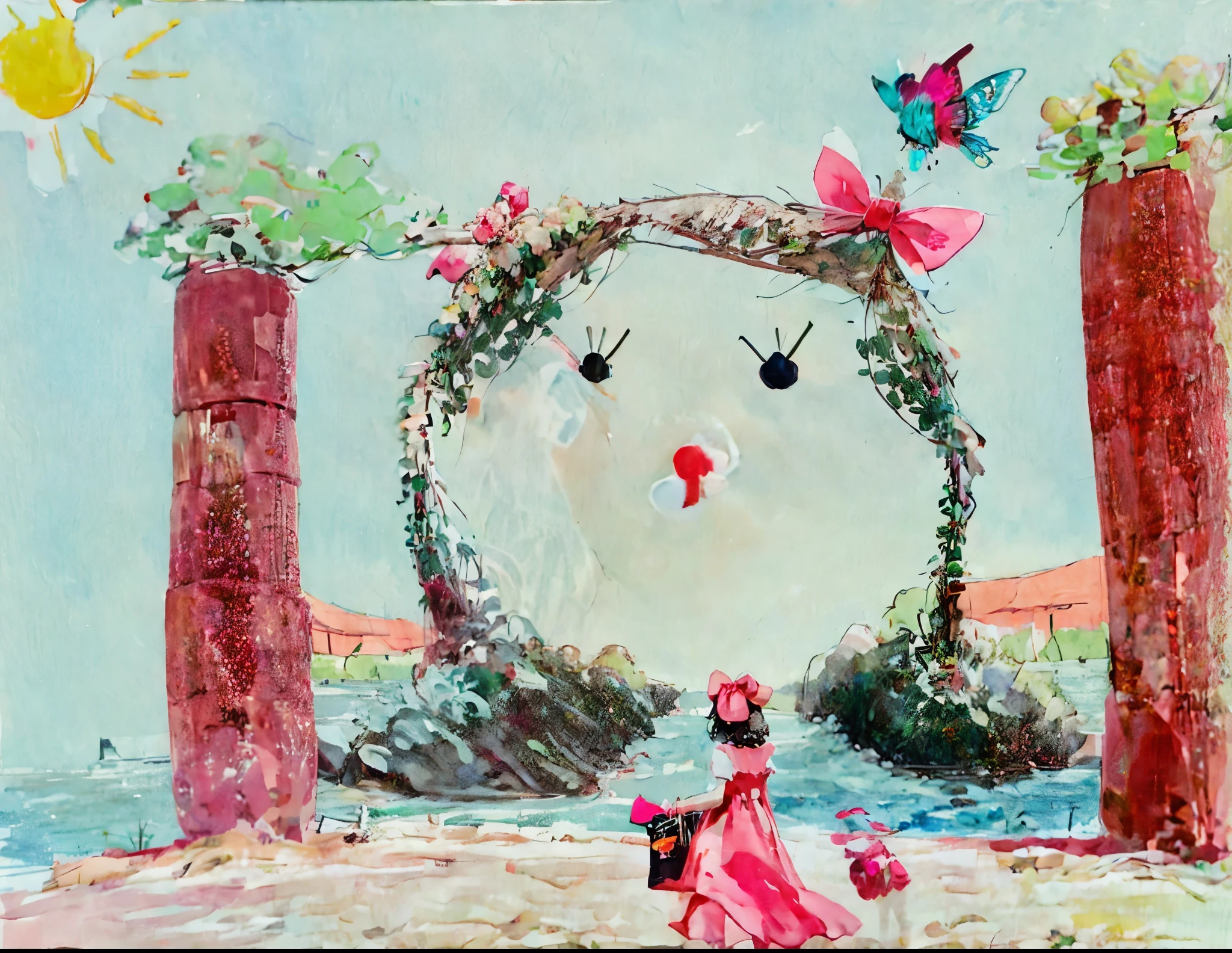 1girl pink bows in her hair, black hair, red lips, pink summer dress, red purse, children's artwork, winning artwork, sunshine day in the park with trees, butterflies, soft breeze, Ghibli style