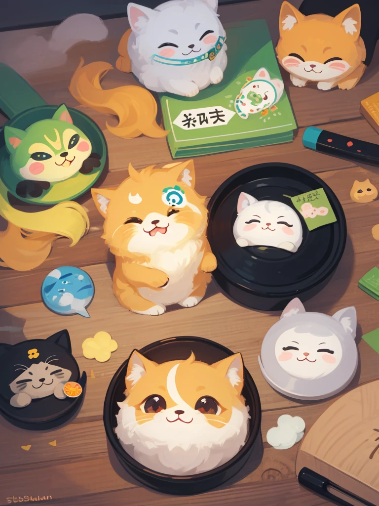 there are many different animals and words written in chinese, hand painted cartoon art style, art cover, kawaii cutest sticker ever, sticker illustration, by Shiba Kōkan, by Kōno Michisei, cute features, 中 元 节, by Gusukuma Seihō, stickers illustrations, cute characters