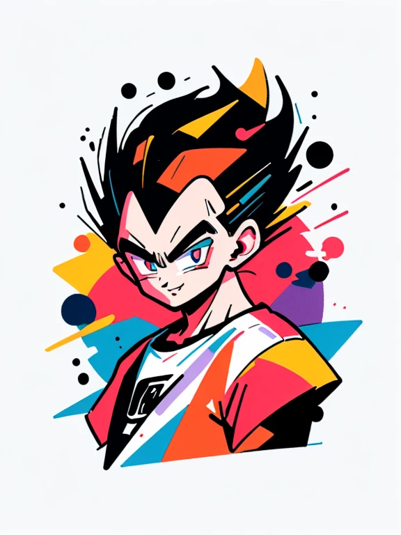 ((sticker-style illustration for T-shirt print with 1man, minimalism, Vegeta from dragon ball, akira toriyama style)), simple background, clean:0.9, lineart, vector, Smiling, happy, colors should be vibrant and vivid, with a harmonious color palette. UPPER BODY, fashion cloths, model,
