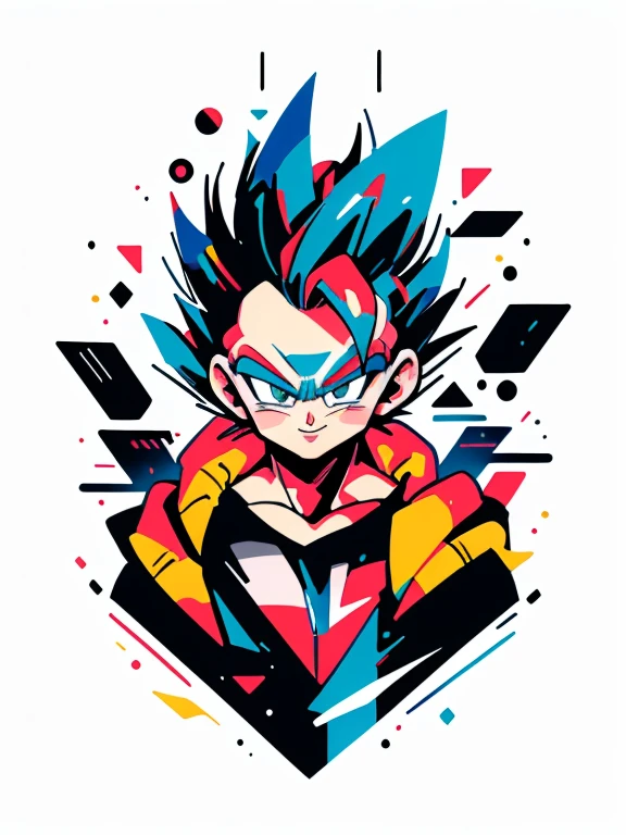 ((sticker-style illustration for T-shirt print with 1man, minimalism, Gogeta from dragon ball, akira toriyama style)), simple background, clean:0.9, lineart, vector, Smiling, happy, colors should be vibrant and vivid, with a harmonious color palette. UPPER BODY, fashion cloths, model,
