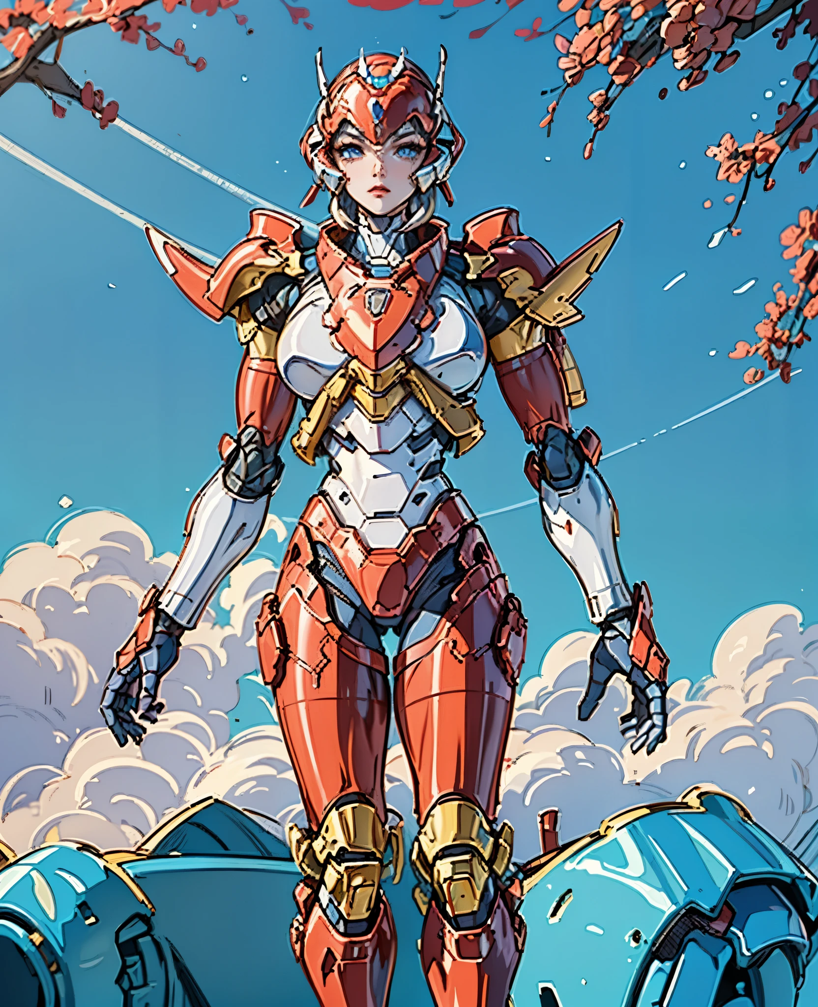 A woman adorned in fantasy-style full-body armor, a crown-concept fully enclosed helmet that unveils only her eyes, a composite layered chest plate, fully encompassing shoulder and hand guards, a lightweight waist armor, form-fitting shin guards, the overall design is heavy-duty yet flexible, the armor gleams with a golden glow, complemented by red and blue accents, exhibiting a noble aura, she floats above a fantasy-surreal high-tech city, this character embodies a finely crafted fantasy-surreal style armored hero in anime style, exquisite and mature manga art style, Queen Bee Concept Armor, (plasma, blood), ((bio mecha, long legs, elegant, goddess, femminine:1.5)), metallic, high definition, best quality, highres, ultra-detailed, ultra-fine painting, extremely delicate, professional, anatomically correct, symmetrical face, extremely detailed eyes and face, high quality eyes, creativity, RAW photo, UHD, 32k, Natural light, cinematic lighting, masterpiece-anatomy-perfect, masterpiece:1.5