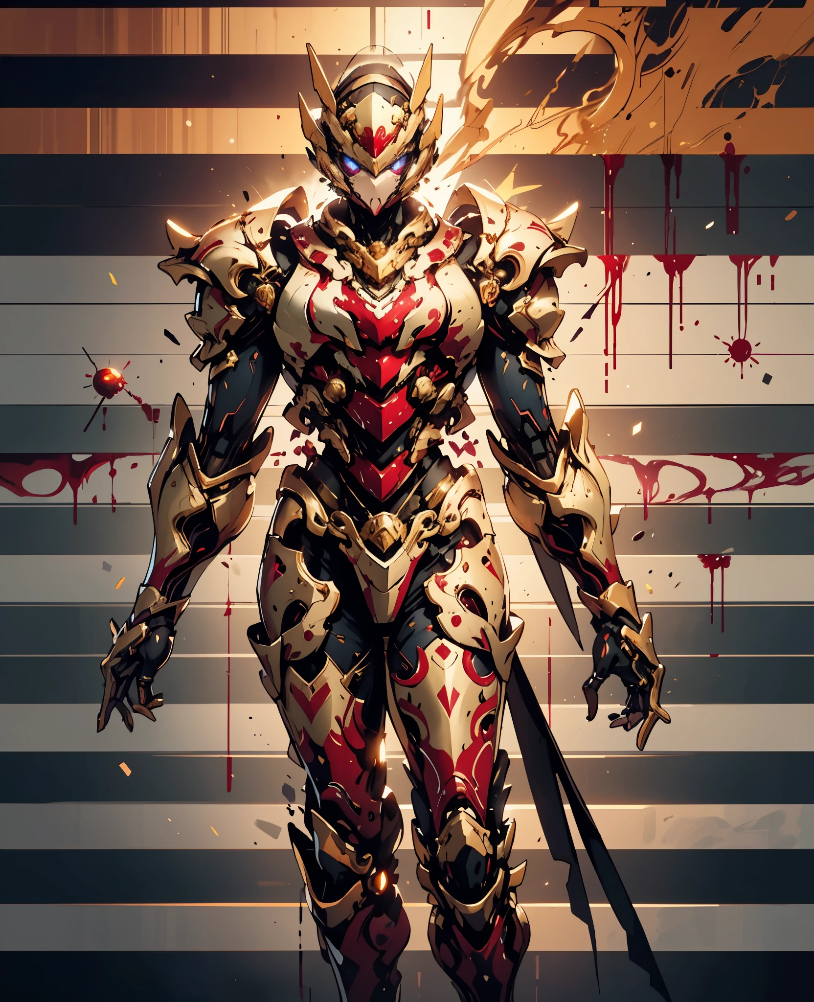 A woman adorned in fantasy-style full-body armor, a crown-concept fully enclosed helmet that unveils only her eyes, a composite layered chest plate, fully encompassing shoulder and hand guards, a lightweight waist armor, form-fitting shin guards, the overall design is heavy-duty yet flexible, the armor gleams with a golden glow, complemented by red and blue accents, exhibiting a noble aura, she floats above a fantasy-surreal high-tech city, this character embodies a finely crafted fantasy-surreal style armored hero in anime style, exquisite and mature manga art style, Queen Bee Concept Armor, (plasma, blood), ((bio mecha, long legs, elegant, goddess, femminine:1.5)), metallic, high definition, best quality, highres, ultra-detailed, ultra-fine painting, extremely delicate, professional, anatomically correct, symmetrical face, extremely detailed eyes and face, high quality eyes, creativity, RAW photo, UHD, 32k, Natural light, cinematic lighting, masterpiece-anatomy-perfect, masterpiece:1.5
