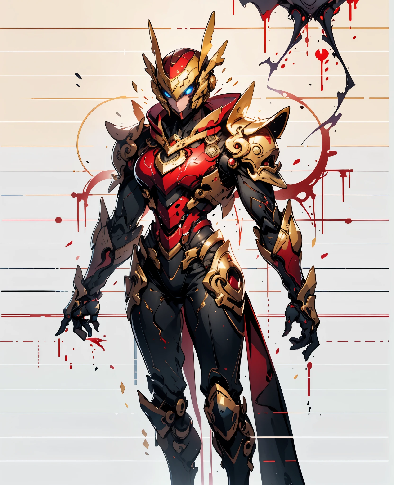A woman adorned in fantasy-style full-body armor, a crown-concept fully enclosed helmet that unveils only her eyes, a composite layered chest plate, fully encompassing shoulder and hand guards, a lightweight waist armor, form-fitting shin guards, the overall design is heavy-duty yet flexible, the armor gleams with a golden glow, complemented by red and blue accents, exhibiting a noble aura, she floats above a fantasy-surreal high-tech city, this character embodies a finely crafted fantasy-surreal style armored hero in anime style, exquisite and mature manga art style, Queen Bee Concept Armor, (plasma, blood), ((bio mecha, long legs, elegant, goddess, femminine:1.5)), metallic, high definition, best quality, highres, ultra-detailed, ultra-fine painting, extremely delicate, professional, anatomically correct, symmetrical face, extremely detailed eyes and face, high quality eyes, creativity, RAW photo, UHD, 32k, Natural light, cinematic lighting, masterpiece-anatomy-perfect, masterpiece:1.5