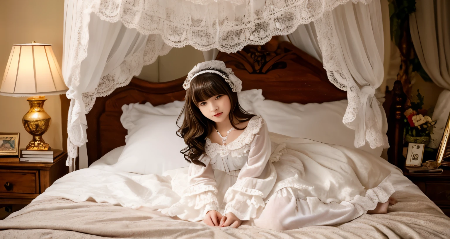 highest quality, masterpiece, highest resolution, artwork, super get used to it, many become familiar with, become familiar with, get used to it,change,,girl, ((((10 y,european,blonde,blue eyes,night wear,((((white nightgown)))),((フリルとリボンの付いたwhite nightgown)),((1920 style nightgowns)),((Nightcap with frills and ribbon)),victorian nightgowns,Yoke collar with ruffles and ribbons,Long sleeves with ruffles,Long skirt up to the ankle,((The whole body is reflected)),(inside the palace),(in the bedroom at night),(Luxurious rococo canopy bed),(the girl is lying on the bed),Fluffy futon,Fluffy pillow,Before bedtime,White ruffled socks,