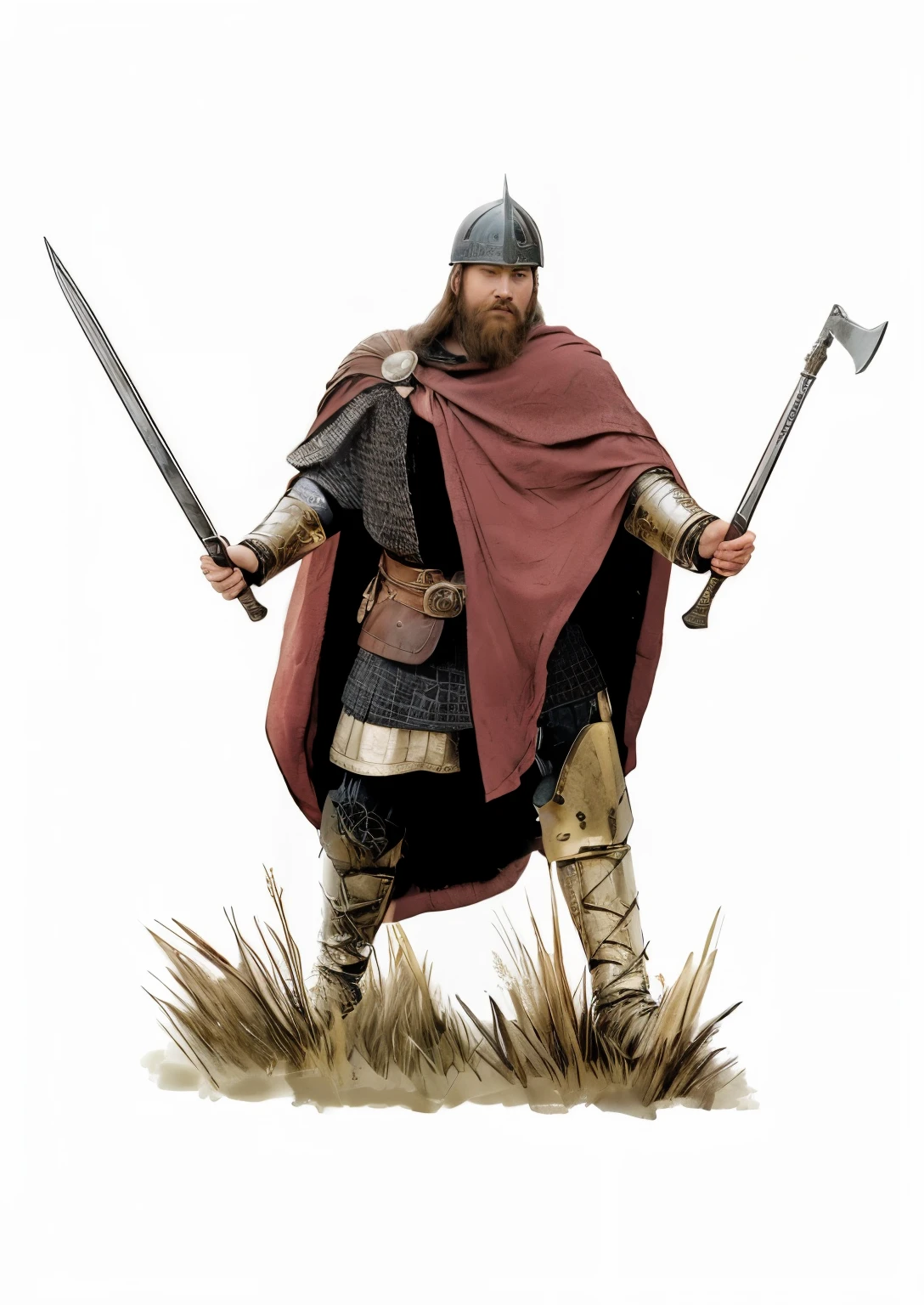 homem arafado com uma capa vermelha e uma capa vermelha segurando duas espadas, guerreiro viking illustration, picture of an adult guerreiro masculino, ancient guerreiro viking, nordic warrior, guerreiro segurando duas espadas, personagem guerreiro dnd, guerreiro viking, arte conceitual de um guerreiro, Roman legionary, Guerreiro Medieval, hd illustration, viking, soldado antigo, cavaleiro medieval masculino robusto, guerreiro masculino