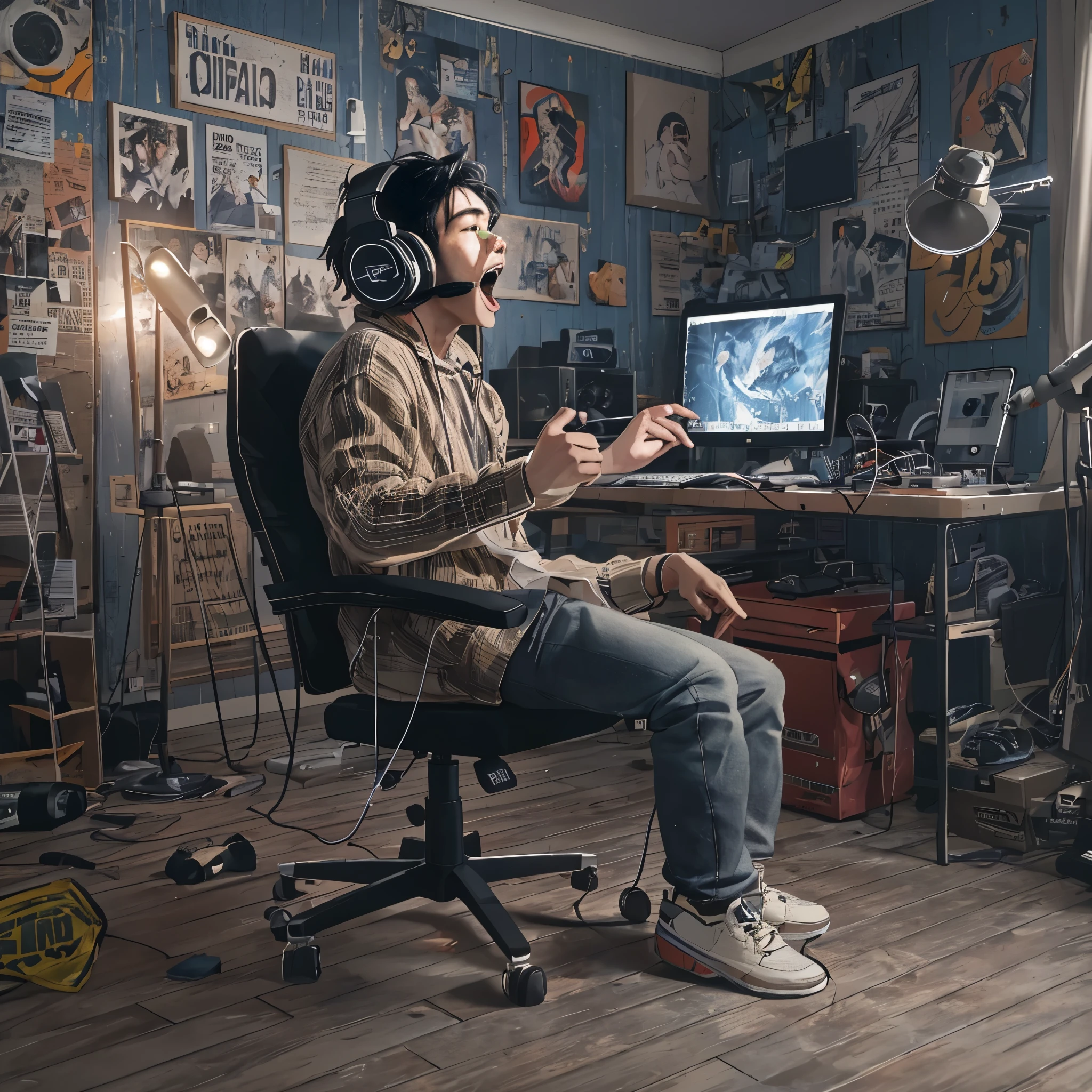 A young man sits on a chair with headphones in his room, shouting and recording himself.。violently moving background。masterpiece。8K。There is a computer in front of the chair。the craziest guy。textured skin。high quality。Extremely detailed。anatomically correct。Super high quality