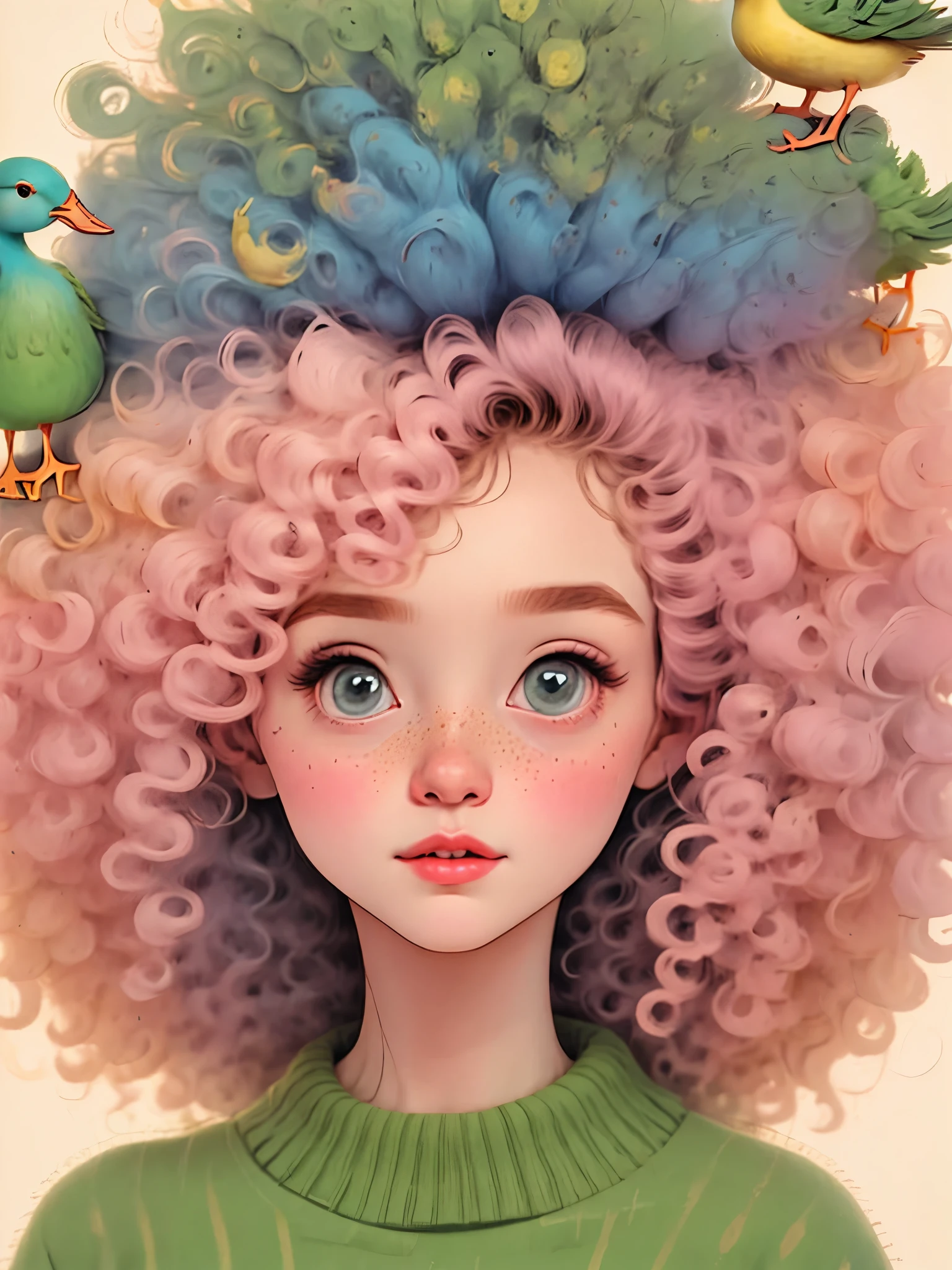 (best quality,4K,8k,high resolution,masterpiece:1.2),Super detailed,(actual,photoactual,photo-actual:1.37),Unique style,Lovely girl sitting,long neck,Big head,Exaggerated hair,fluffy hair,small freckles,exaggerated expression,Surrealism,Duck egg green polka dot sweater,detail,horsehair,fluffy,sock,clean background,hand drawn style,pencil drawing,Lovely,smooth lines,Clean silhouette,clean composition