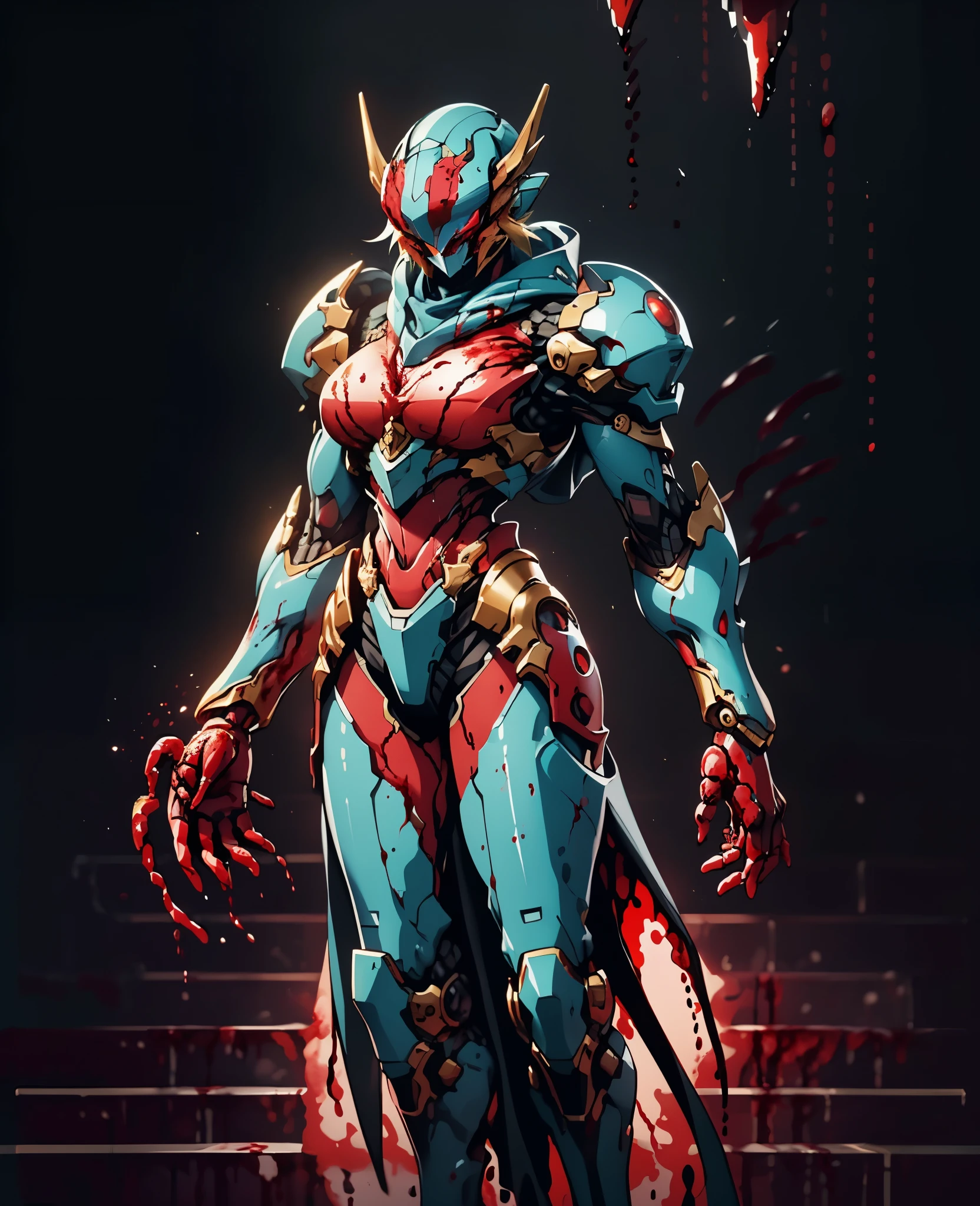 A woman adorned in fantasy-style full-body armor, a crown-concept fully enclosed helmet that unveils only her eyes, a composite layered chest plate, fully encompassing shoulder and hand guards, a lightweight waist armor, form-fitting shin guards, the overall design is heavy-duty yet flexible, the armor gleams with a golden glow, complemented by red and blue accents, exhibiting a noble aura, she floats above a fantasy-surreal high-tech city, this character embodies a finely crafted fantasy-surreal style armored hero in anime style, exquisite and mature manga art style, Queen Bee Concept Armor, ((bio mecha, blood, long legs, elegant, goddess, femminine:1.5)), metallic, high definition, best quality, highres, ultra-detailed, ultra-fine painting, extremely delicate, professional, anatomically correct, symmetrical face, extremely detailed eyes and face, high quality eyes, creativity, RAW photo, UHD, 32k, Natural light, cinematic lighting, masterpiece-anatomy-perfect, masterpiece:1.5
