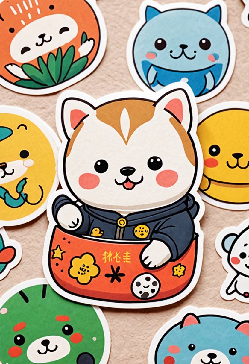 there are many different animals and words written in chinese, hand painted cartoon art style, art cover, kawaii cutest sticker ever, sticker illustration, by Shiba Kōkan, by Kōno Michisei, cute features, 中 元 节, by Gusukuma Seihō, stickers illustrations, cute characters, scifi