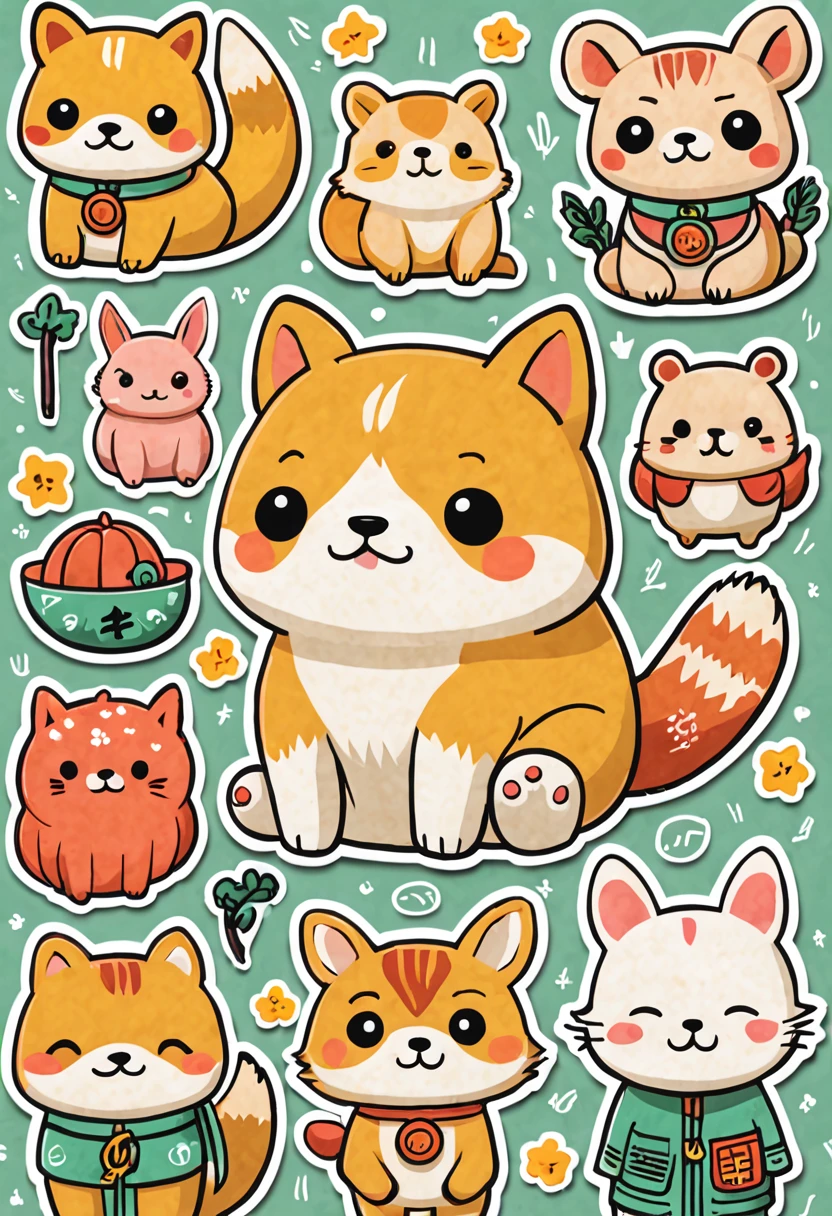 there are many different animals and words written in chinese, hand painted cartoon art style, art cover, kawaii cutest sticker ever, sticker illustration, by Shiba Kōkan, by Kōno Michisei, cute features, 中 元 节, by Gusukuma Seihō, stickers illustrations, cute characters, scifi