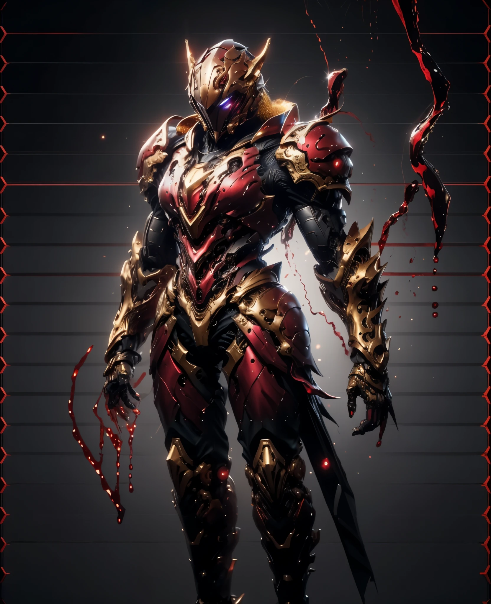 A woman adorned in fantasy-style full-body armor, a crown-concept fully enclosed helmet that unveils only her eyes, a composite layered chest plate, fully encompassing shoulder and hand guards, a lightweight waist armor, form-fitting shin guards, the overall design is heavy-duty yet flexible, the armor gleams with a golden glow, complemented by red and blue accents, exhibiting a noble aura, she floats above a fantasy-surreal high-tech city, this character embodies a finely crafted fantasy-surreal style armored hero in anime style, exquisite and mature manga art style, Queen Bee Concept Armor, (plasma, blood), ((bio mecha, long legs, elegant, goddess, femminine:1.5)), metallic, high definition, best quality, highres, ultra-detailed, ultra-fine painting, extremely delicate, professional, anatomically correct, symmetrical face, extremely detailed eyes and face, high quality eyes, creativity, RAW photo, UHD, 32k, Natural light, cinematic lighting, masterpiece-anatomy-perfect, masterpiece:1.5