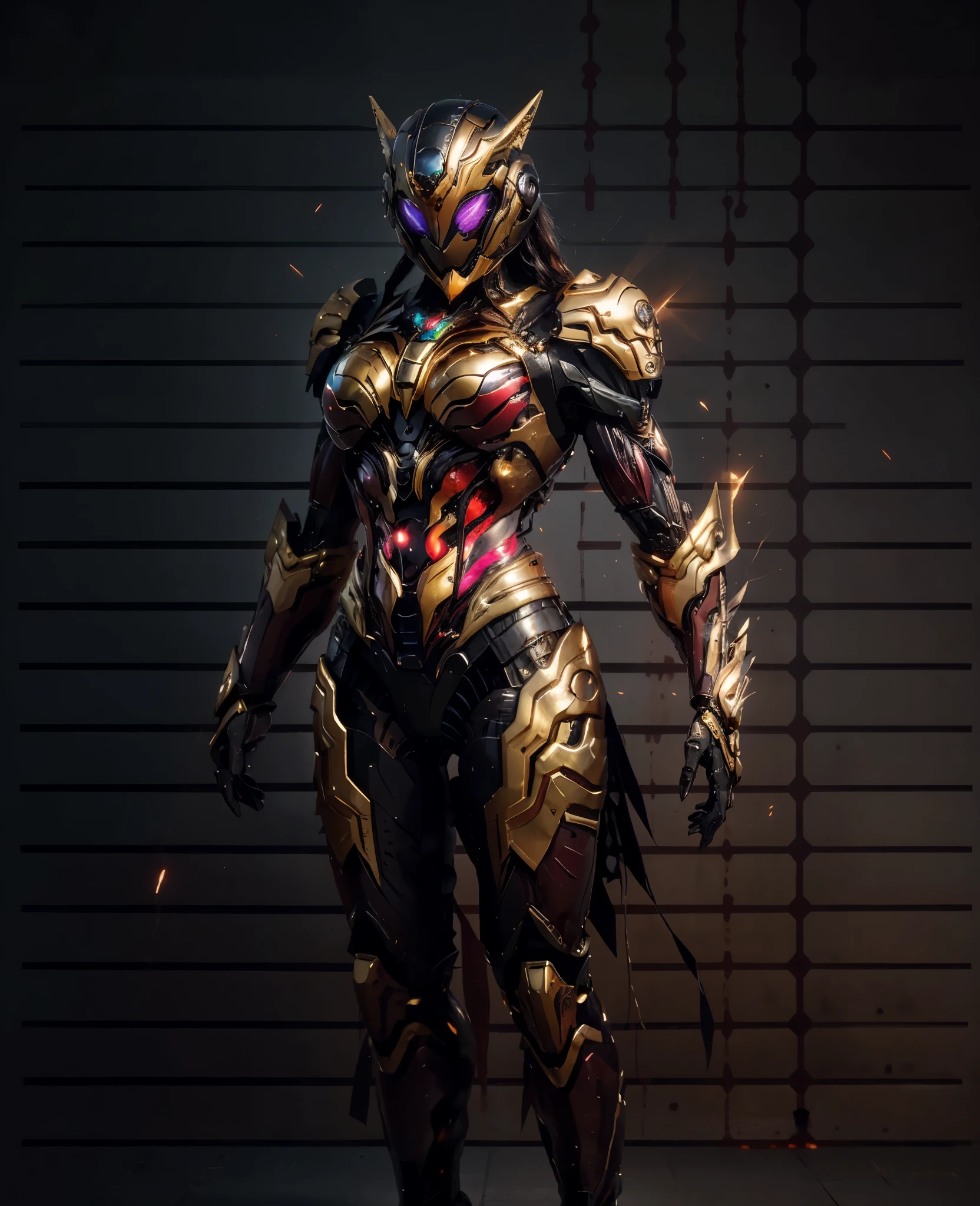 A woman adorned in fantasy-style full-body armor, a crown-concept fully enclosed helmet that unveils only her eyes, a composite layered chest plate, fully encompassing shoulder and hand guards, a lightweight waist armor, form-fitting shin guards, the overall design is heavy-duty yet flexible, the armor gleams with a golden glow, complemented by red and blue accents, exhibiting a noble aura, she floats above a fantasy-surreal high-tech city, this character embodies a finely crafted fantasy-surreal style armored hero in anime style, exquisite and mature manga art style, Queen Bee Concept Armor, (plasma, blood), ((bio mecha, long legs, elegant, goddess, femminine:1.5)), metallic, high definition, best quality, highres, ultra-detailed, ultra-fine painting, extremely delicate, professional, anatomically correct, symmetrical face, extremely detailed eyes and face, high quality eyes, creativity, RAW photo, UHD, 32k, Natural light, cinematic lighting, masterpiece-anatomy-perfect, masterpiece:1.5