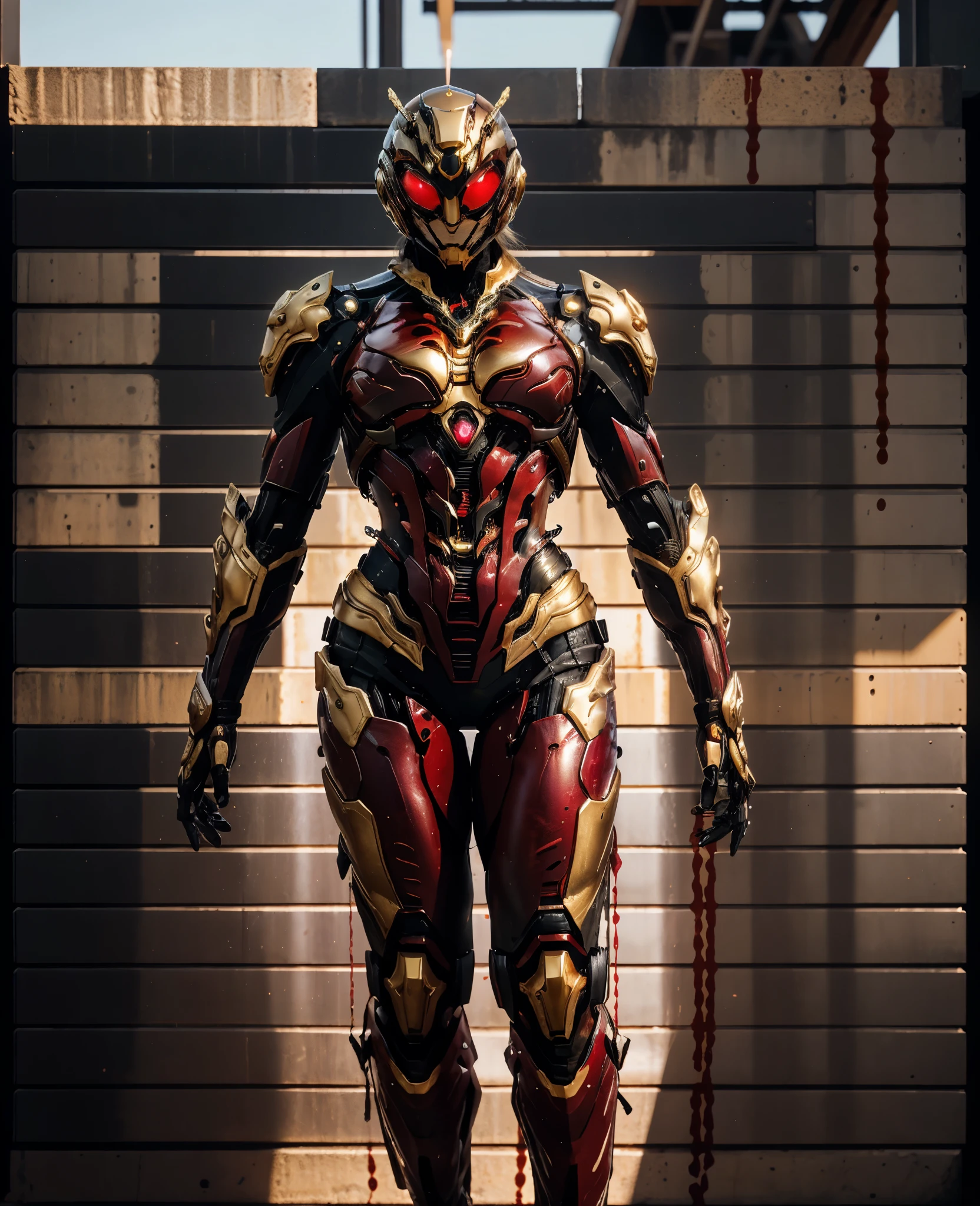 A woman adorned in fantasy-style full-body armor, a crown-concept fully enclosed helmet that unveils only her eyes, a composite layered chest plate, fully encompassing shoulder and hand guards, a lightweight waist armor, form-fitting shin guards, the overall design is heavy-duty yet flexible, the armor gleams with a golden glow, complemented by red and blue accents, exhibiting a noble aura, she floats above a fantasy-surreal high-tech city, this character embodies a finely crafted fantasy-surreal style armored hero in anime style, exquisite and mature manga art style, Queen Bee Concept Armor, (plasma, blood), ((bio mecha, long legs, elegant, goddess, femminine:1.5)), metallic, high definition, best quality, highres, ultra-detailed, ultra-fine painting, extremely delicate, professional, anatomically correct, symmetrical face, extremely detailed eyes and face, high quality eyes, creativity, RAW photo, UHD, 32k, Natural light, cinematic lighting, masterpiece-anatomy-perfect, masterpiece:1.5