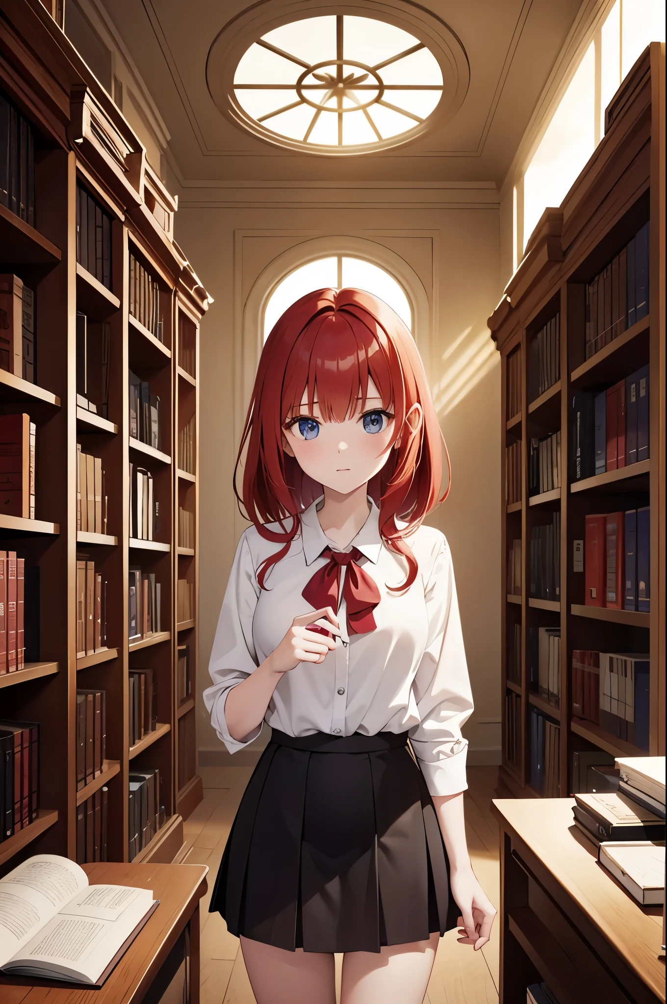 Open with an intriguing scene of a red-haired main character (short skirt and college blouse) in a mysterious environment, like an old office or dusty library.