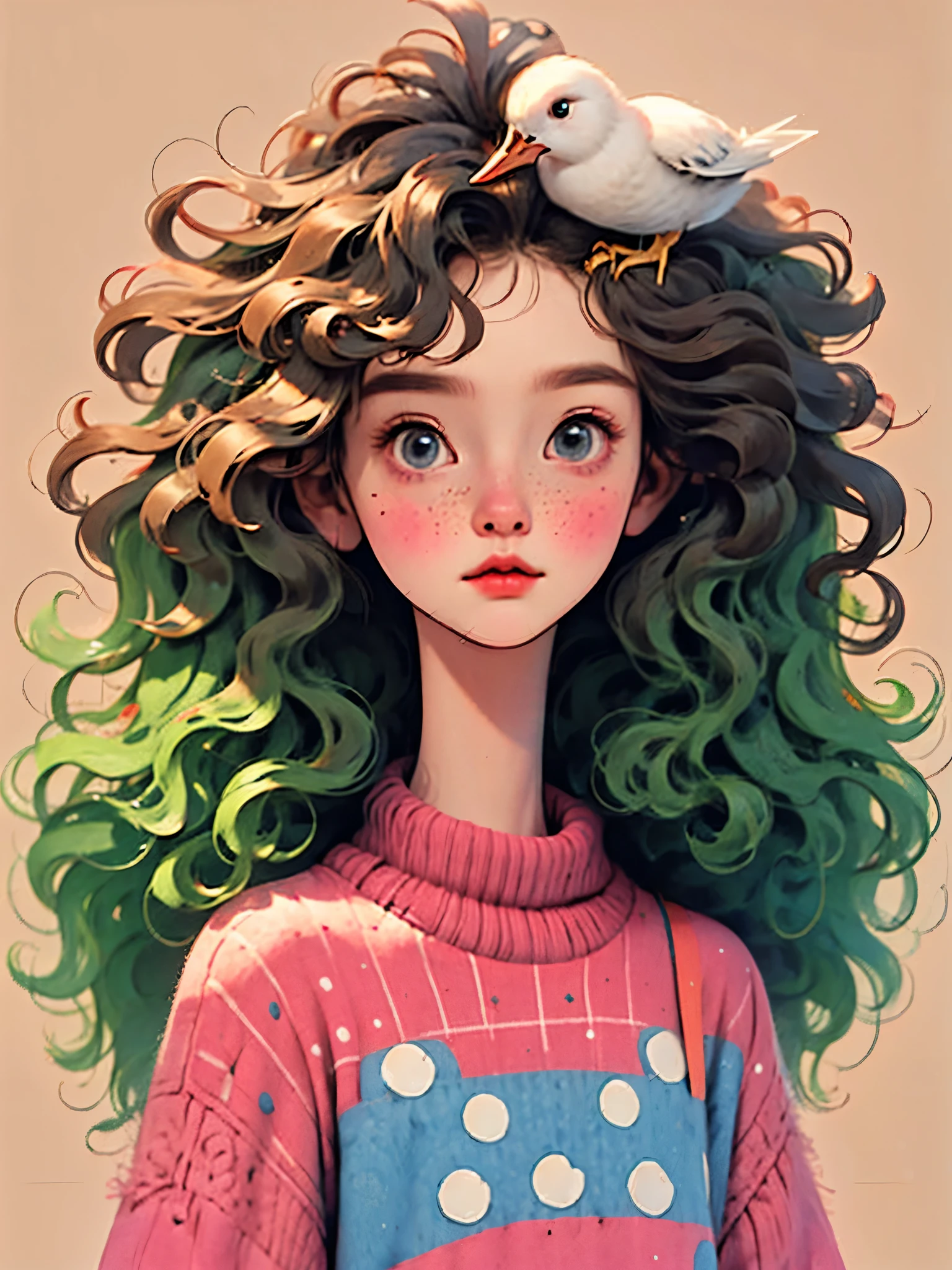 (best quality,4K,8k,high resolution,masterpiece:1.2),Super detailed,(actual,photoactual,photo-actual:1.37),Lovely girl sitting,long neck,Big head,Exaggerated hair,fluffy hair,small freckles,exaggerated expression,Surrealism,Duck egg green polka dot sweater,detail,horsehair,fluffy,sock,clean background,hand drawn style,pencil drawing,Lovely,smooth lines,Clean silhouette,clean composition