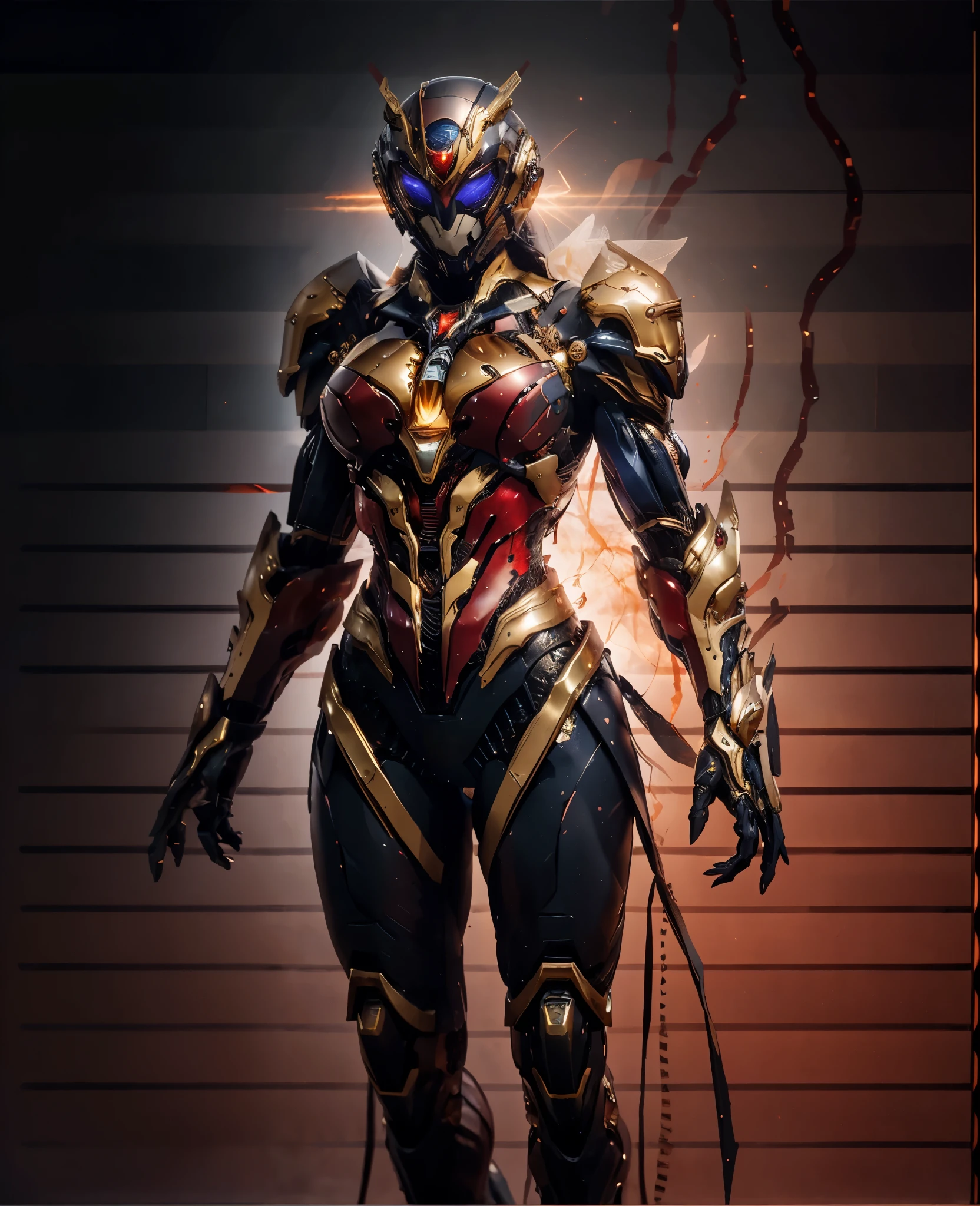 A woman adorned in fantasy-style full-body armor, a crown-concept fully enclosed helmet that unveils only her eyes, a composite layered chest plate, fully encompassing shoulder and hand guards, a lightweight waist armor, form-fitting shin guards, the overall design is heavy-duty yet flexible, the armor gleams with a golden glow, complemented by red and blue accents, exhibiting a noble aura, she floats above a fantasy-surreal high-tech city, this character embodies a finely crafted fantasy-surreal style armored hero in anime style, exquisite and mature manga art style, Queen Bee Concept Armor, (plasma, blood), ((bio mecha, long legs, elegant, goddess, femminine:1.5)), metallic, high definition, best quality, highres, ultra-detailed, ultra-fine painting, extremely delicate, professional, anatomically correct, symmetrical face, extremely detailed eyes and face, high quality eyes, creativity, RAW photo, UHD, 32k, Natural light, cinematic lighting, masterpiece-anatomy-perfect, masterpiece:1.5