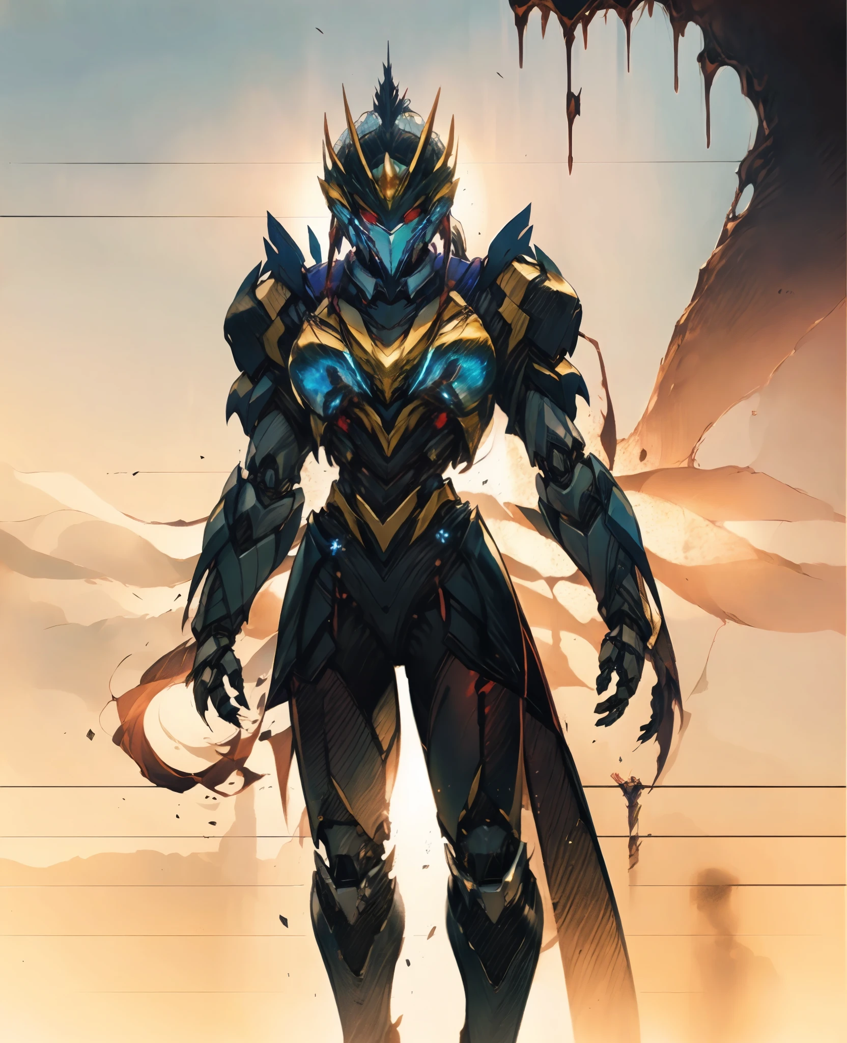 A woman adorned in fantasy-style full-body armor, a crown-concept fully enclosed helmet that unveils only her eyes, a composite layered chest plate, fully encompassing shoulder and hand guards, a lightweight waist armor, form-fitting shin guards, the overall design is heavy-duty yet flexible, the armor gleams with a golden glow, complemented by red and blue accents, exhibiting a noble aura, she floats above a fantasy-surreal high-tech city, this character embodies a finely crafted fantasy-surreal style armored hero in anime style, exquisite and mature manga art style, Queen Bee Concept Armor, (plasma, blood), ((bio mecha, long legs, elegant, goddess, femminine:1.5)), metallic, high definition, best quality, highres, ultra-detailed, ultra-fine painting, extremely delicate, professional, anatomically correct, symmetrical face, extremely detailed eyes and face, high quality eyes, creativity, RAW photo, UHD, 32k, Natural light, cinematic lighting, masterpiece-anatomy-perfect, masterpiece:1.5
