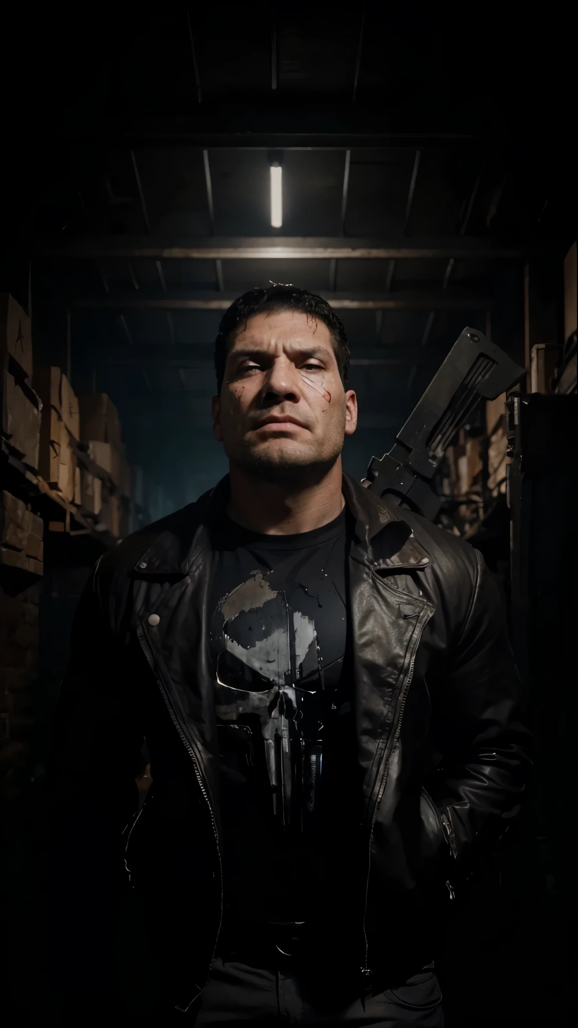 a big man, wounded face, weapons, looking at camera, the punisher, 4k quality, super detailed, high resolution