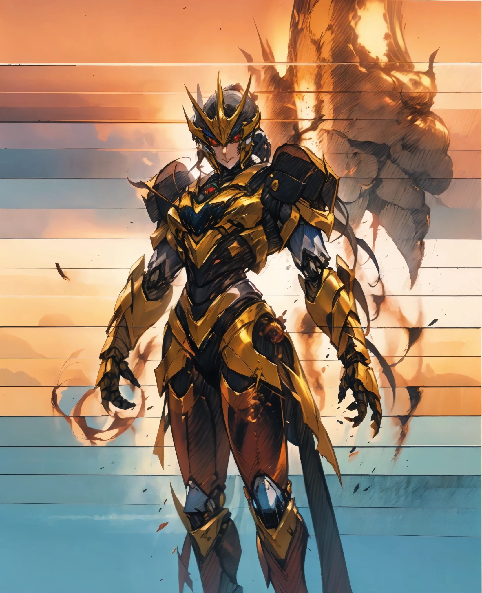 A woman adorned in fantasy-style full-body armor, a crown-concept fully enclosed helmet that unveils only her eyes, a composite layered chest plate, fully encompassing shoulder and hand guards, a lightweight waist armor, form-fitting shin guards, the overall design is heavy-duty yet flexible, the armor gleams with a golden glow, complemented by red and blue accents, exhibiting a noble aura, she floats above a fantasy-surreal high-tech city, this character embodies a finely crafted fantasy-surreal style armored hero in anime style, exquisite and mature manga art style, Queen Bee Concept Armor, (plasma, blood), ((bio mecha, long legs, elegant, goddess, femminine:1.5)), metallic, high definition, best quality, highres, ultra-detailed, ultra-fine painting, extremely delicate, professional, anatomically correct, symmetrical face, extremely detailed eyes and face, high quality eyes, creativity, RAW photo, UHD, 32k, Natural light, cinematic lighting, masterpiece-anatomy-perfect, masterpiece:1.5
